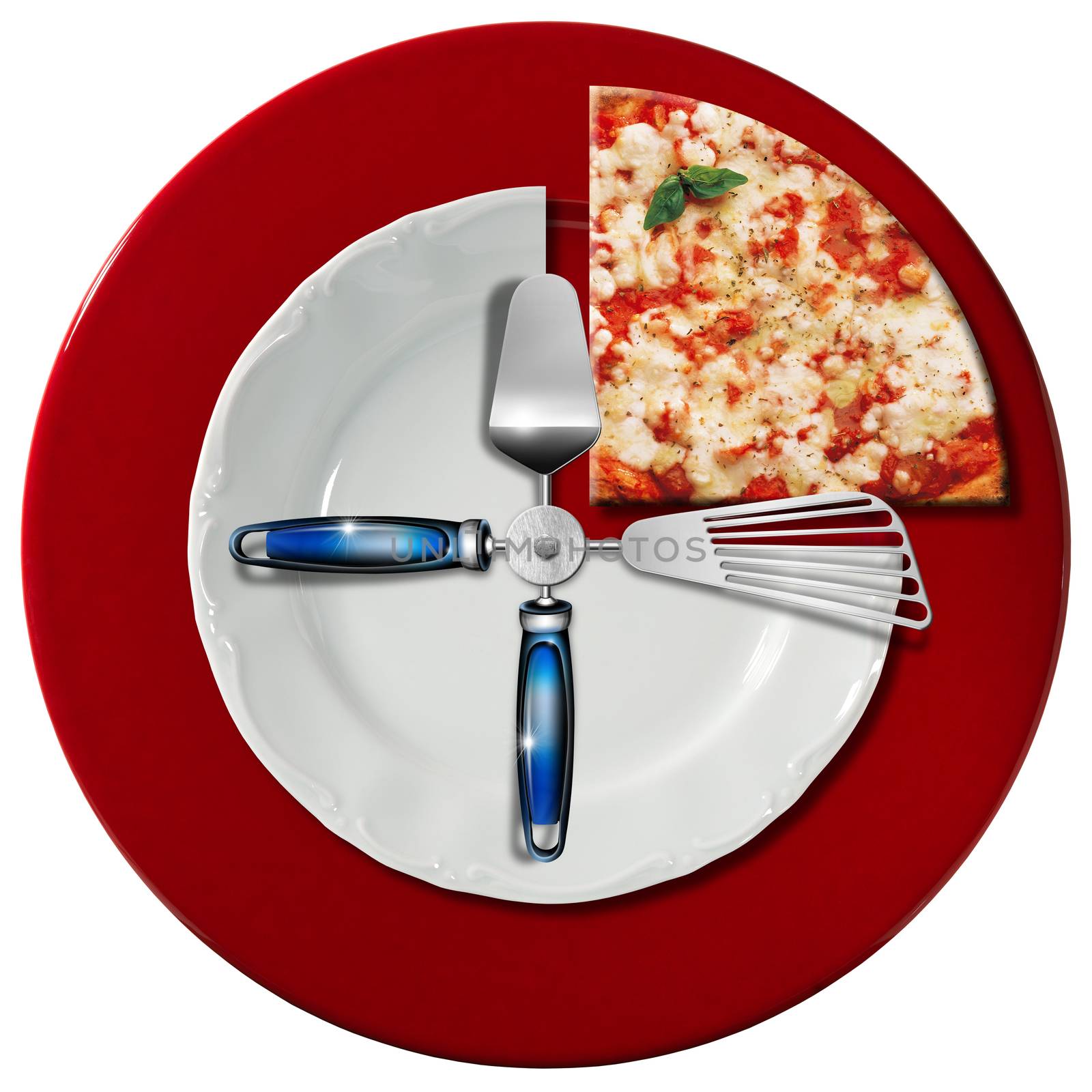 Clock composed by a white plate and a red underplate with kitchen utensils in the place of the clock hands and a slice of pizza