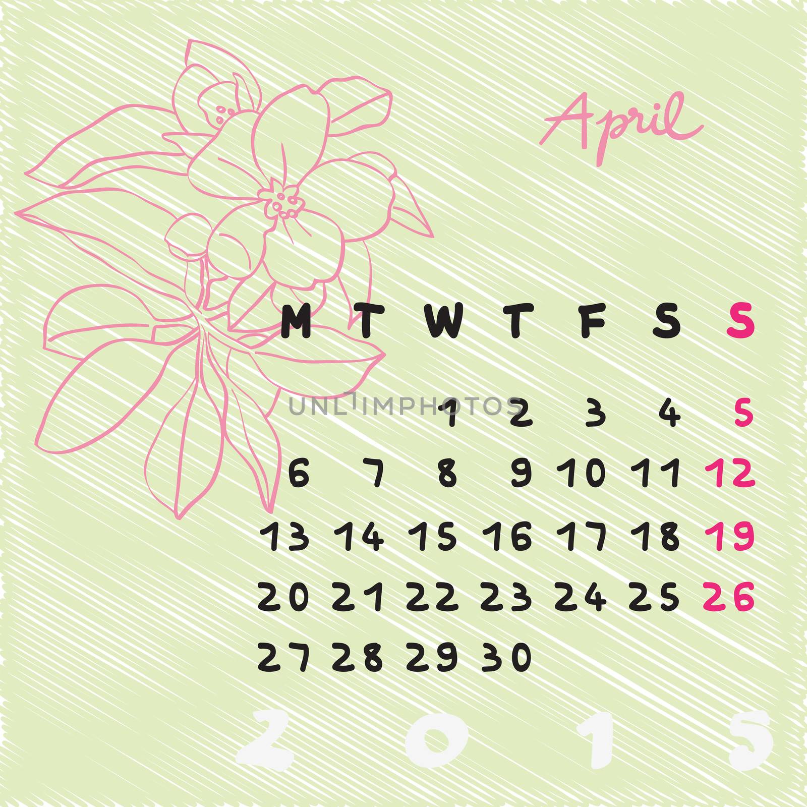 Calendar 2015, graphic illustration of April month calendar with original hand drawn text and apple tree flower