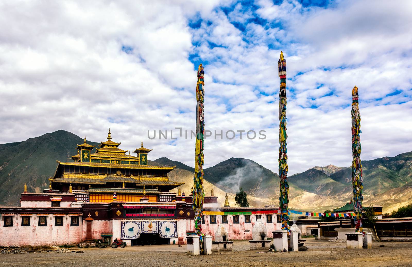 The samye monastery with cloudy blue sky in Tibet, China.