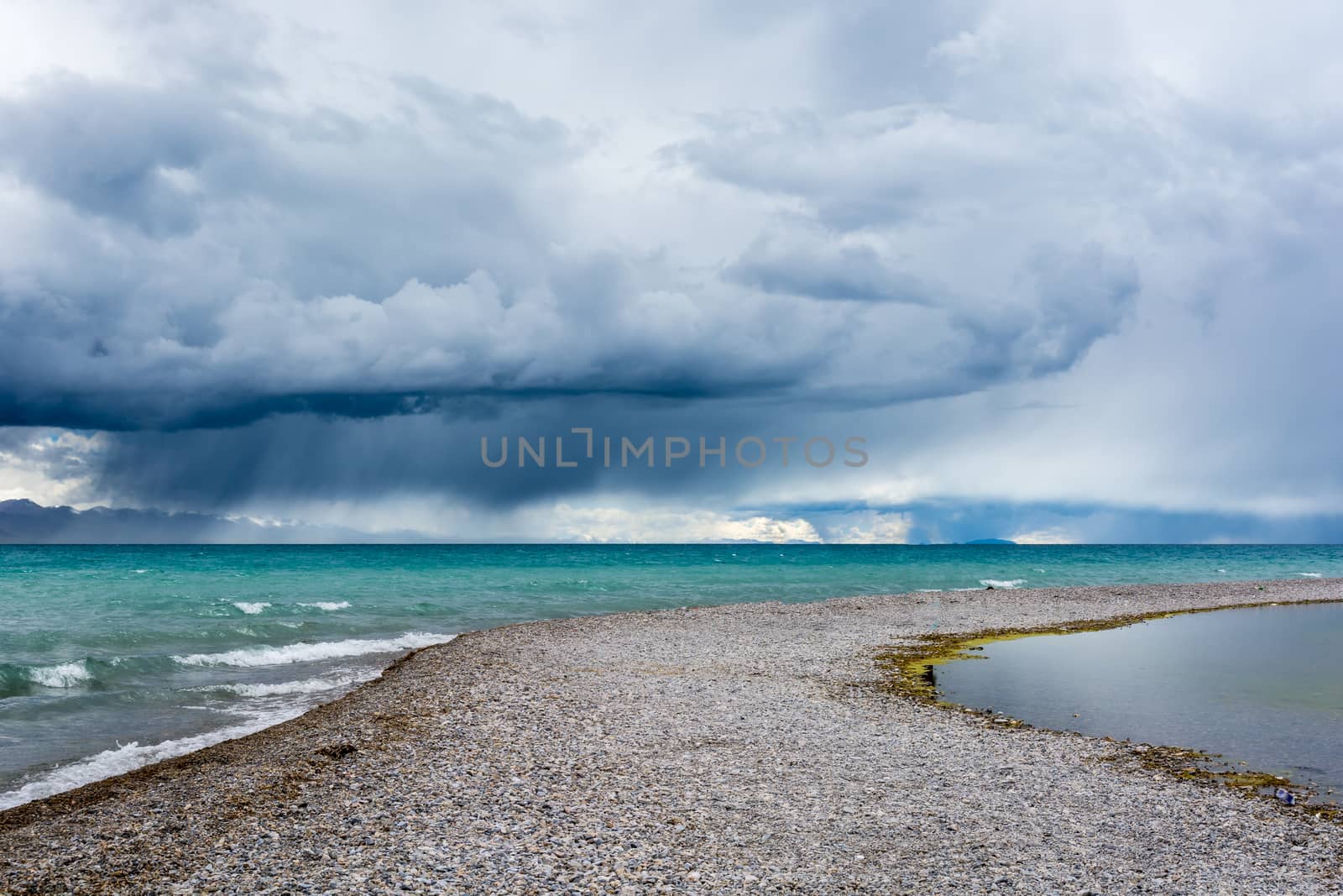 namucuo lake ,the sacred lake in tibet, under thunderstorm.