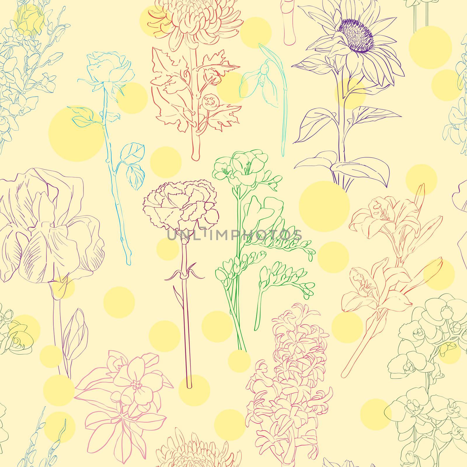 Floral pattern illustration, beautiful hand drawn color sketches of twelve different flowers over yellow background