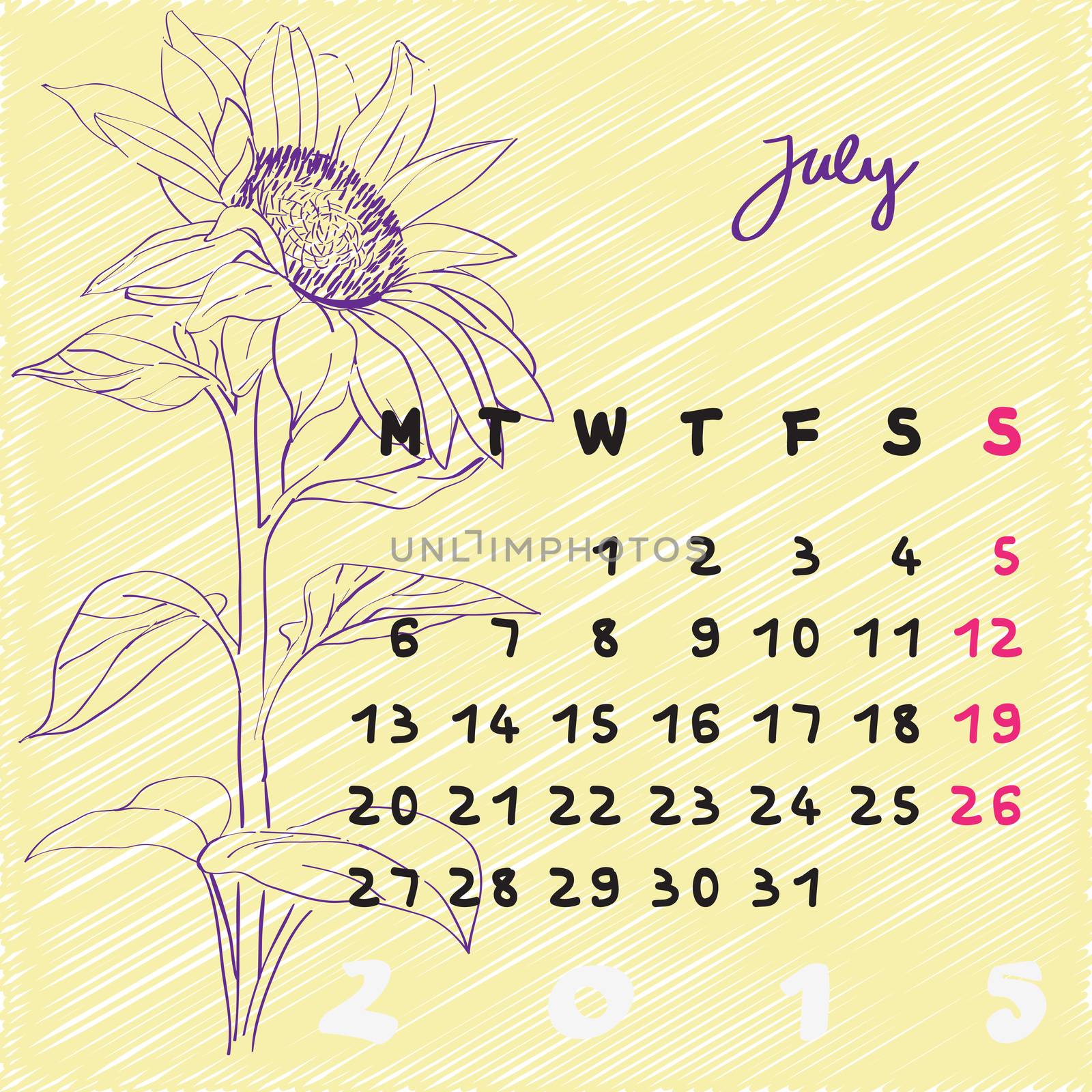 Calendar 2015, graphic illustration of July month calendar with original hand drawn text and sunflower sketch