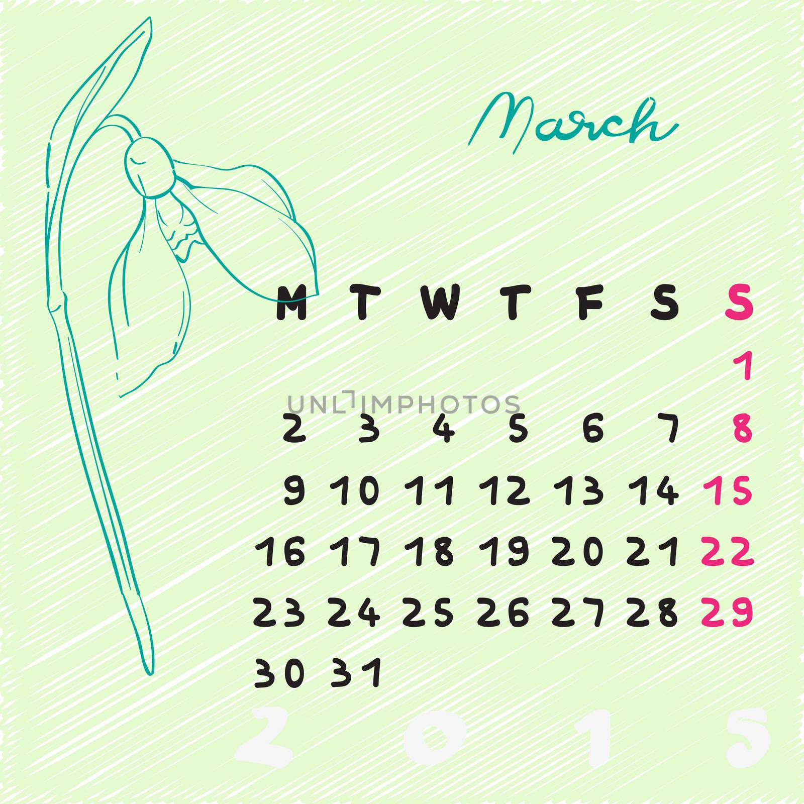 Calendar 2015, graphic illustration of March month calendar with original hand drawn text and snowdrop sketch