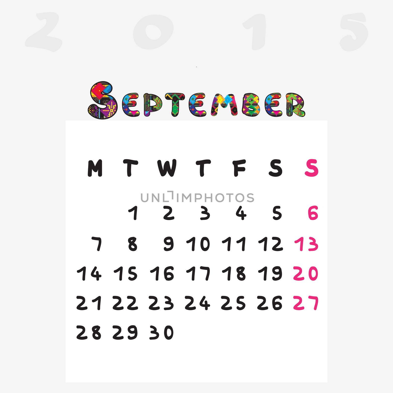 Calendar 2015, graphic illustration of September monthly calendar with original hand drawn text and colored capital letters for kids