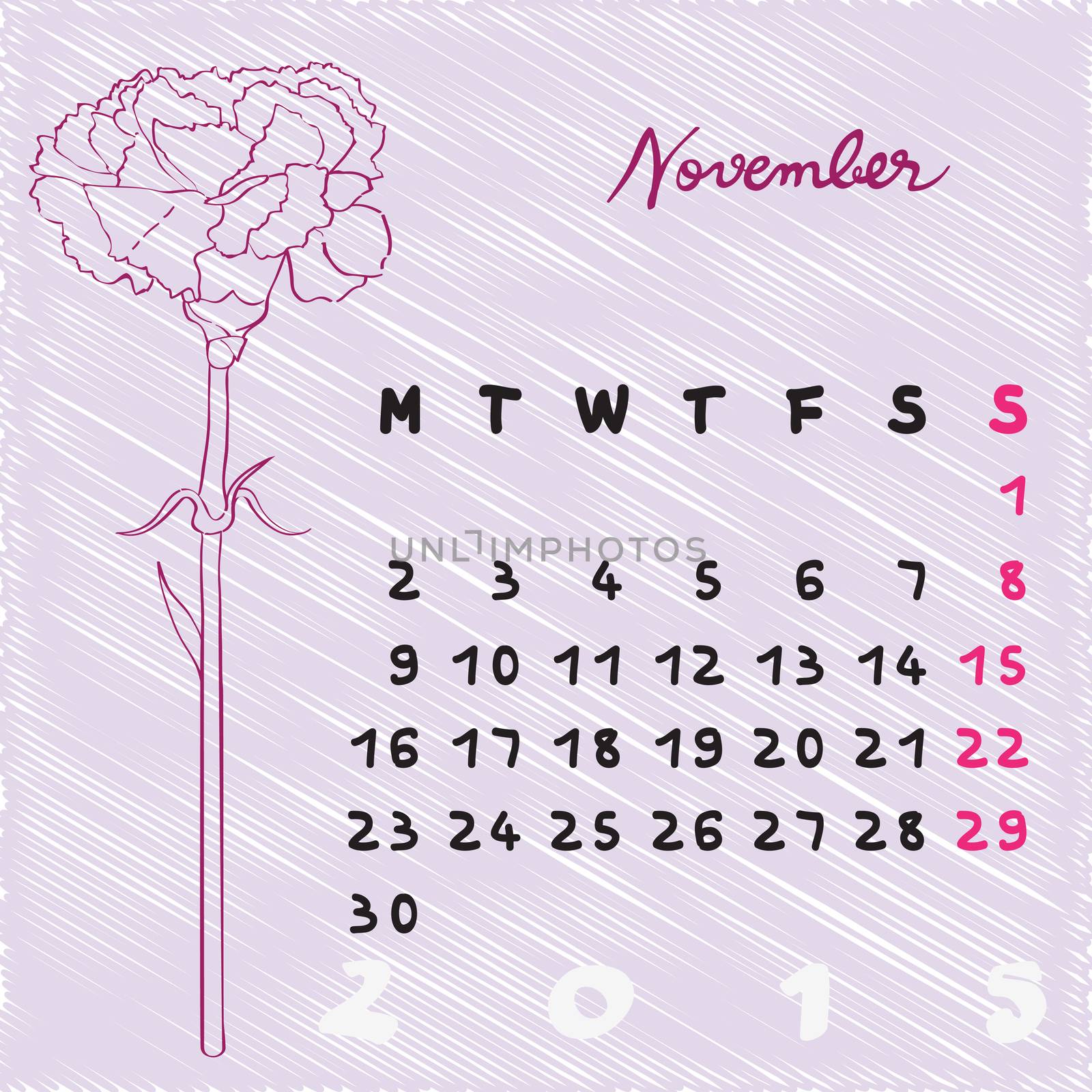 Calendar 2015, graphic illustration of November month calendar with original hand drawn text and carnation flower