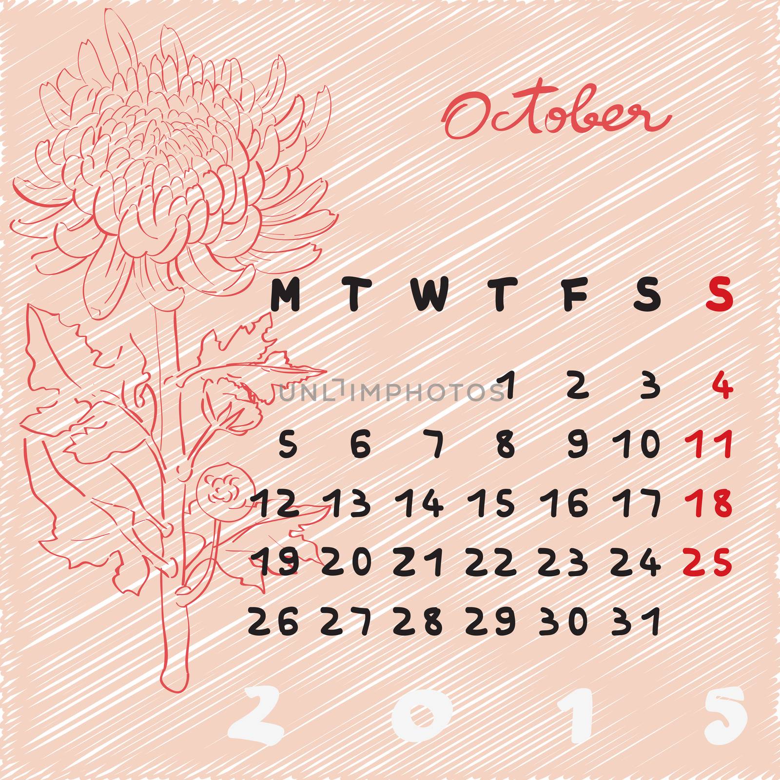Calendar 2015, graphic illustration of October month calendar with original hand drawn text and chrysanthemum flower sketch