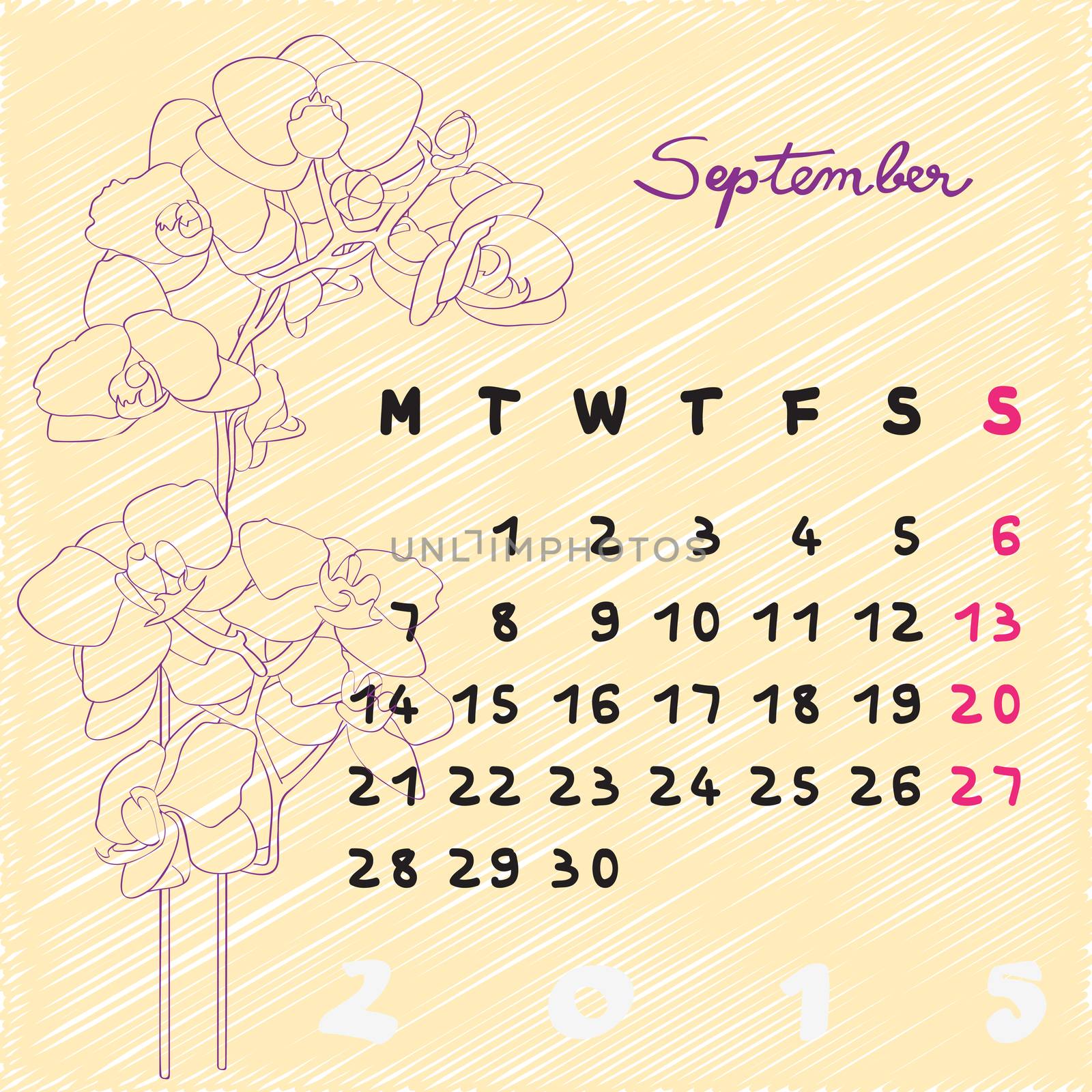 Calendar 2015, graphic illustration of September month calendar with original hand drawn text and orchids flower