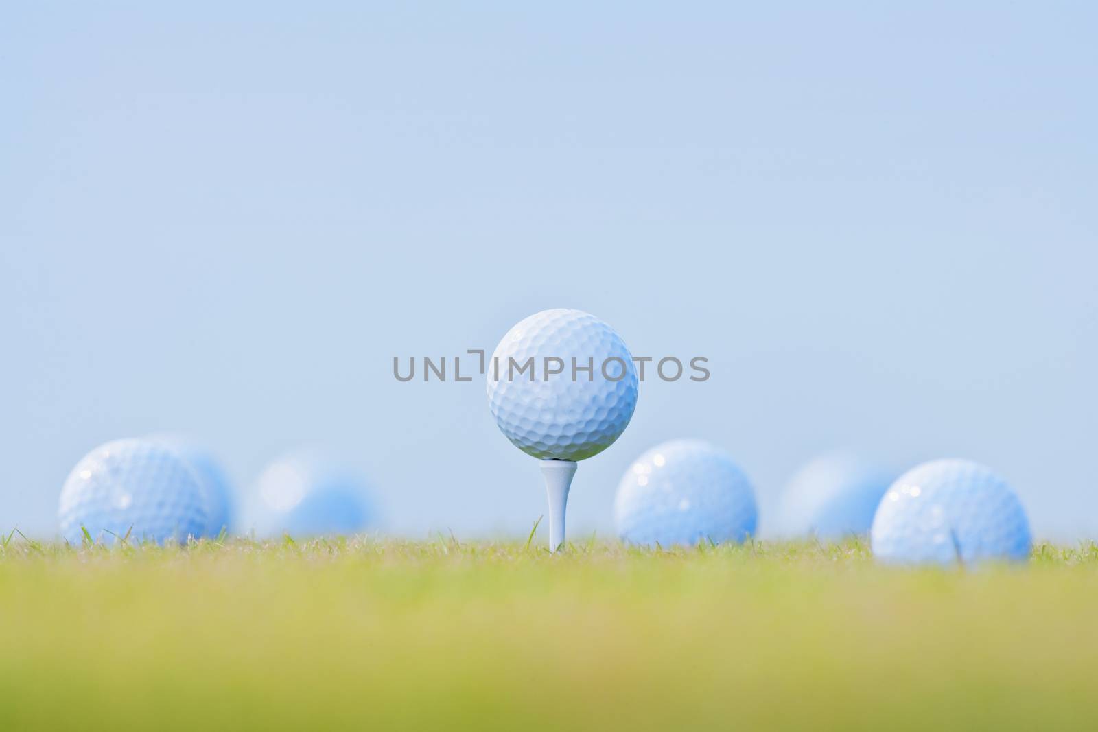 golf ball on tee surrounded by other golf balls out of focus