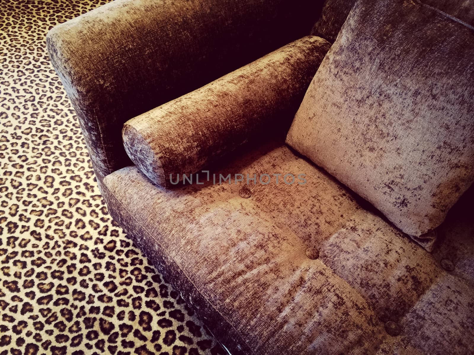 Velvet sofa on a fancy leopard carpet.
