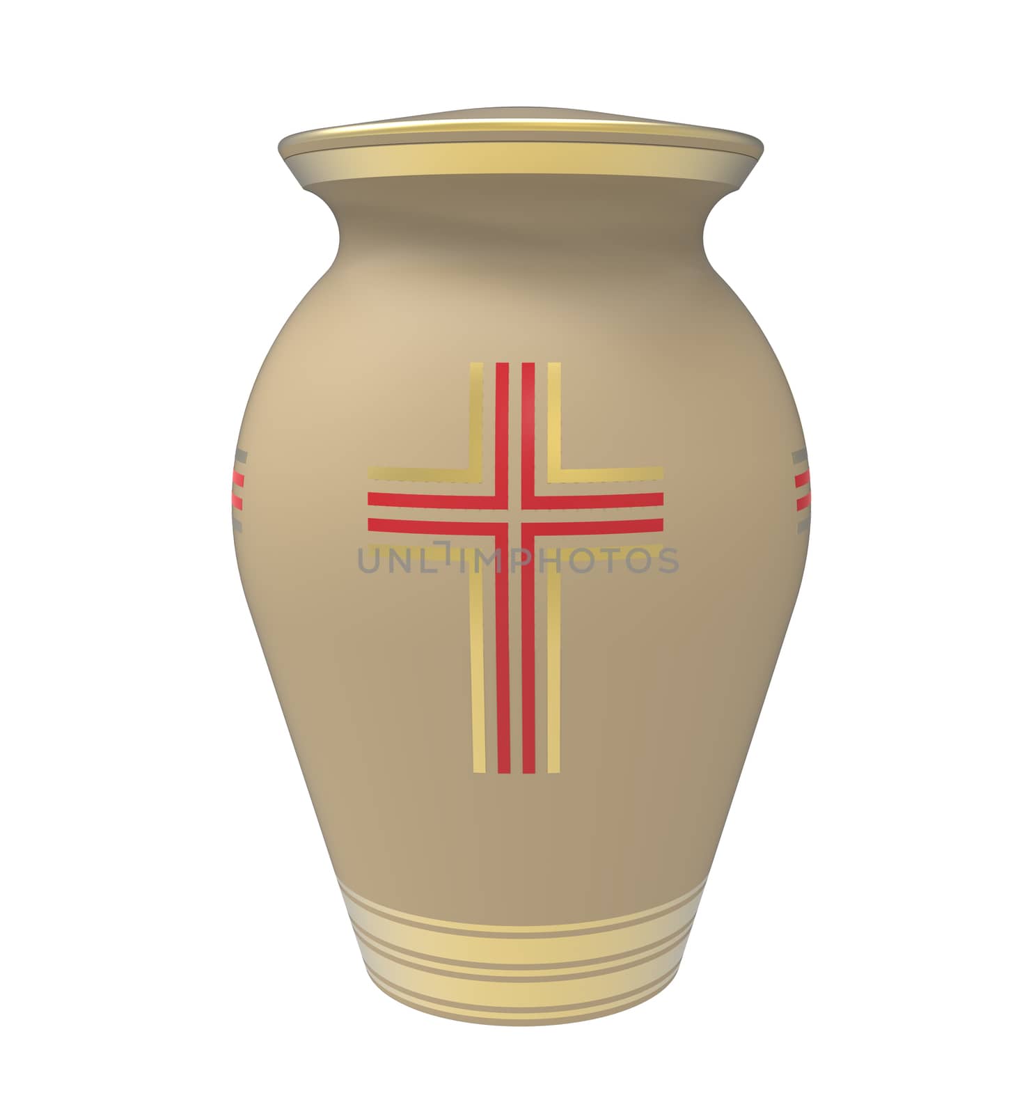 Cremation urn with cross, 3d render, isolated on white