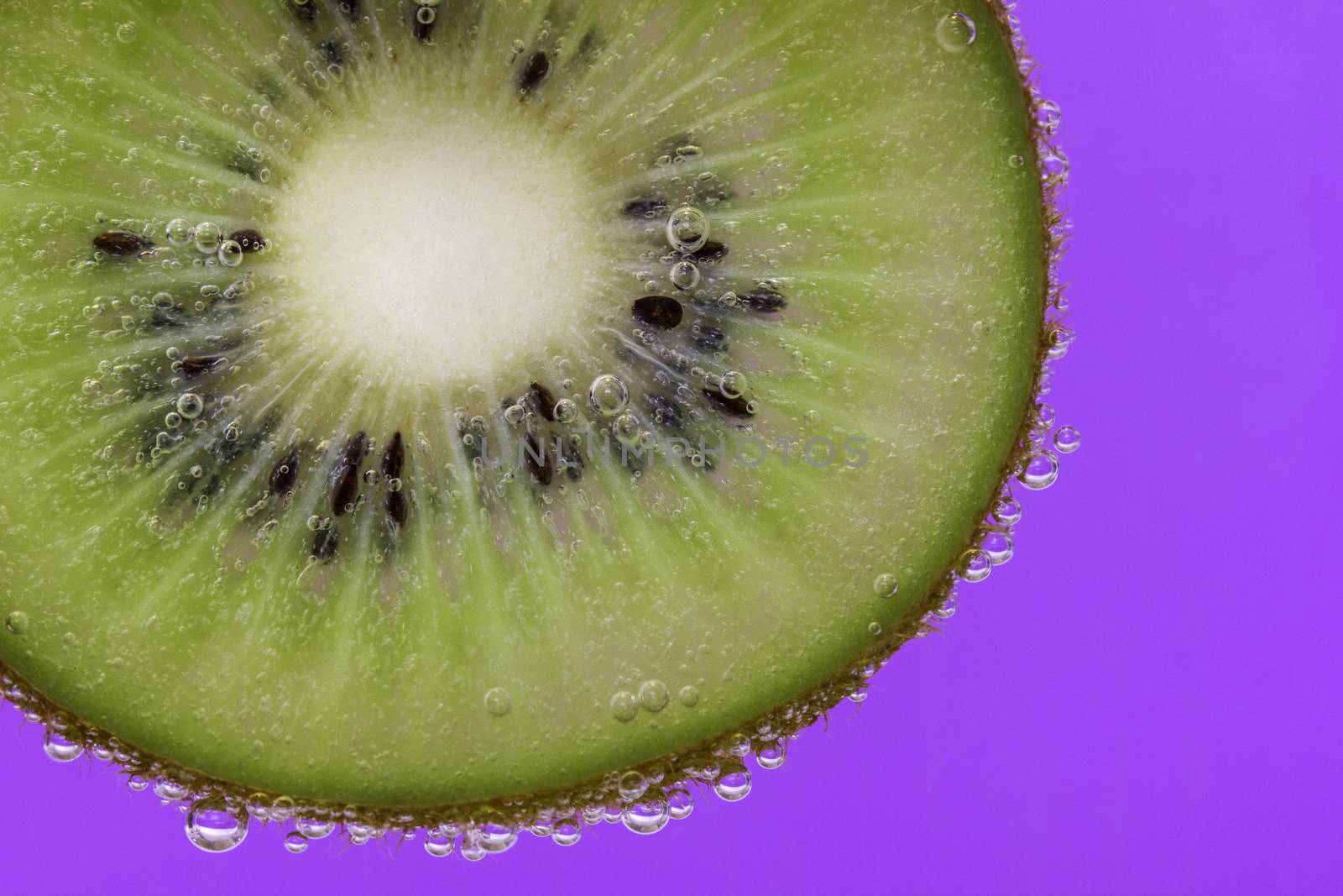 Closeup of a kiwi slice covered in water bubbles against a purple background