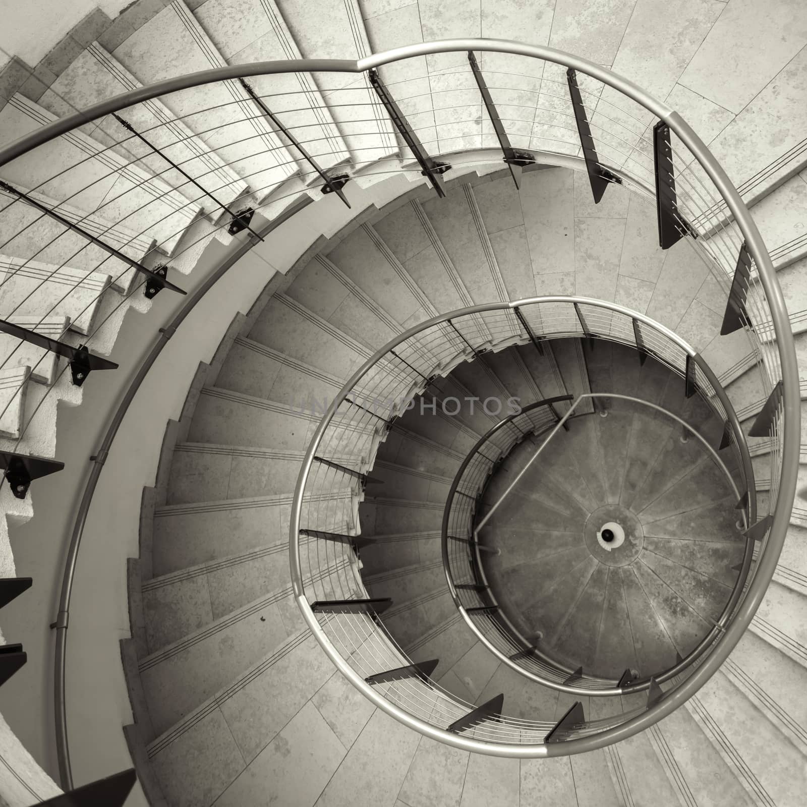 Upside view of a spiral staircase angle shot