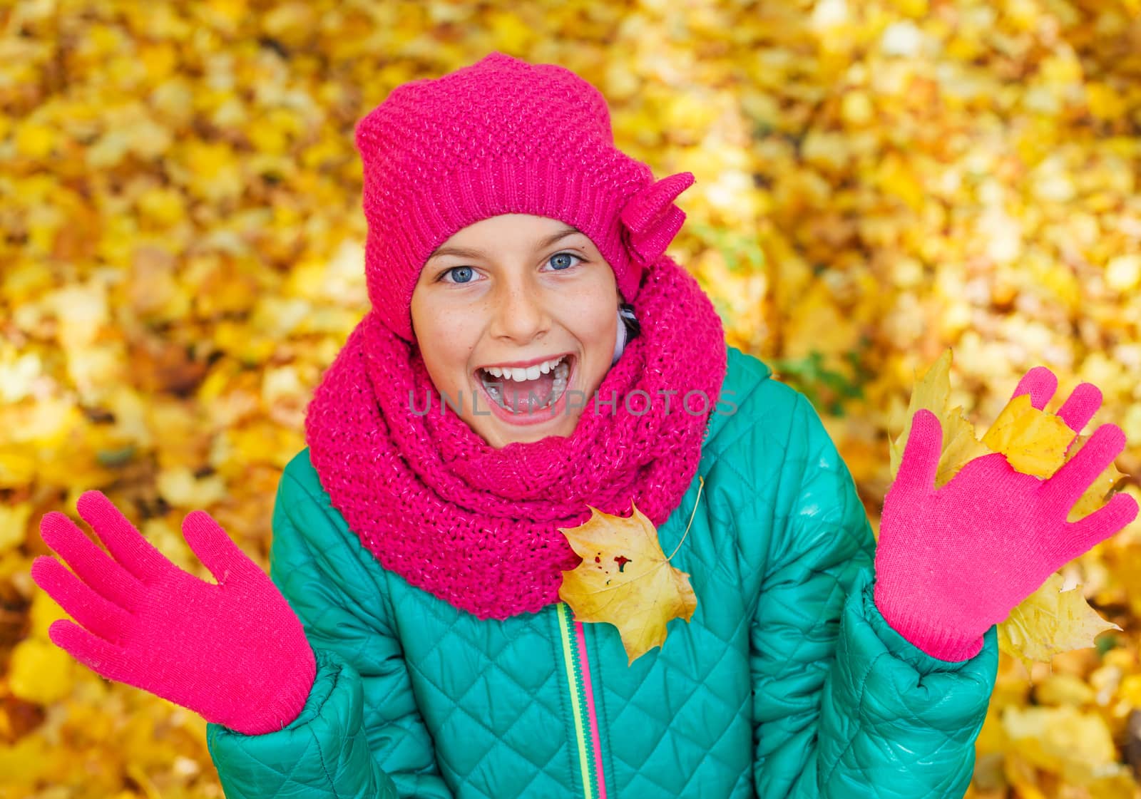 Portrait of Adorable cute girl with autumn leaves in the beauty park