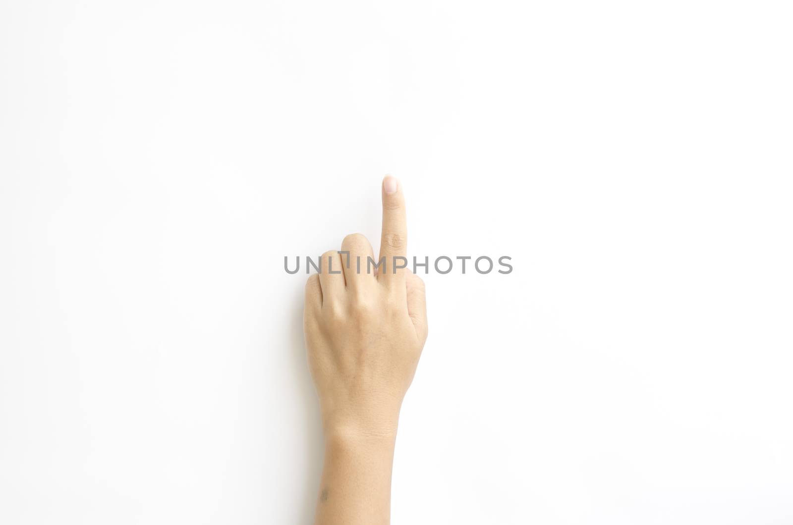 asia woman Hand touching virtual screen on a white background