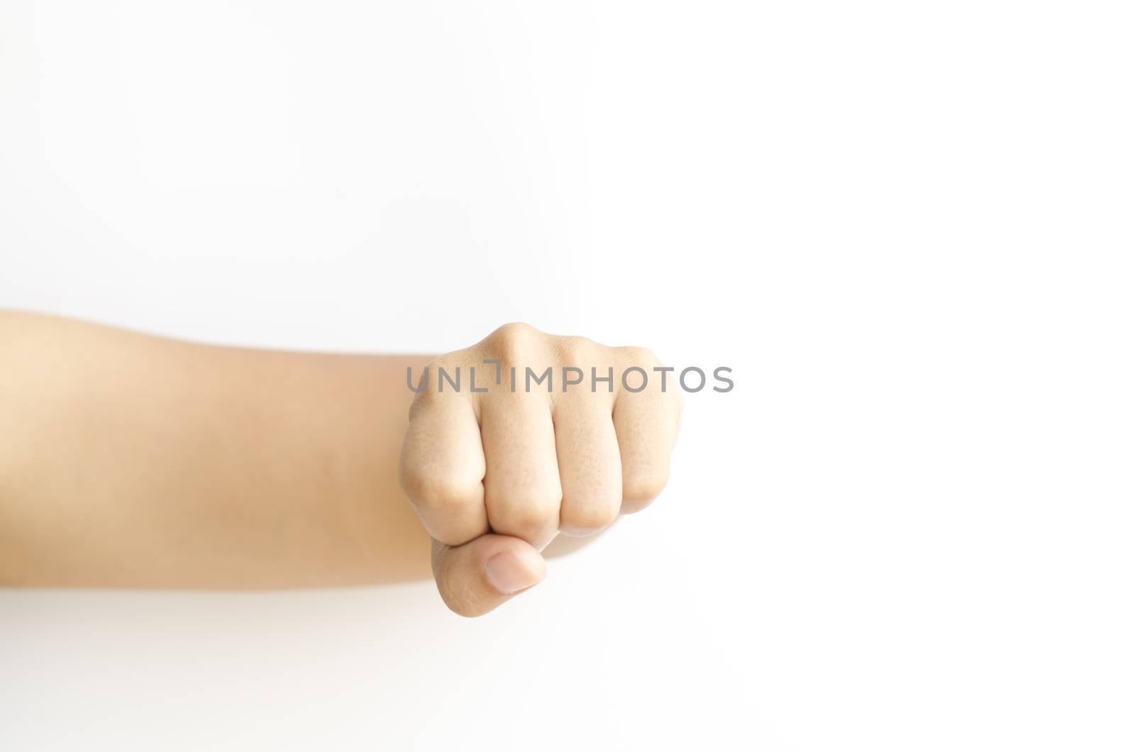 asia woman strength hand sign on a white background