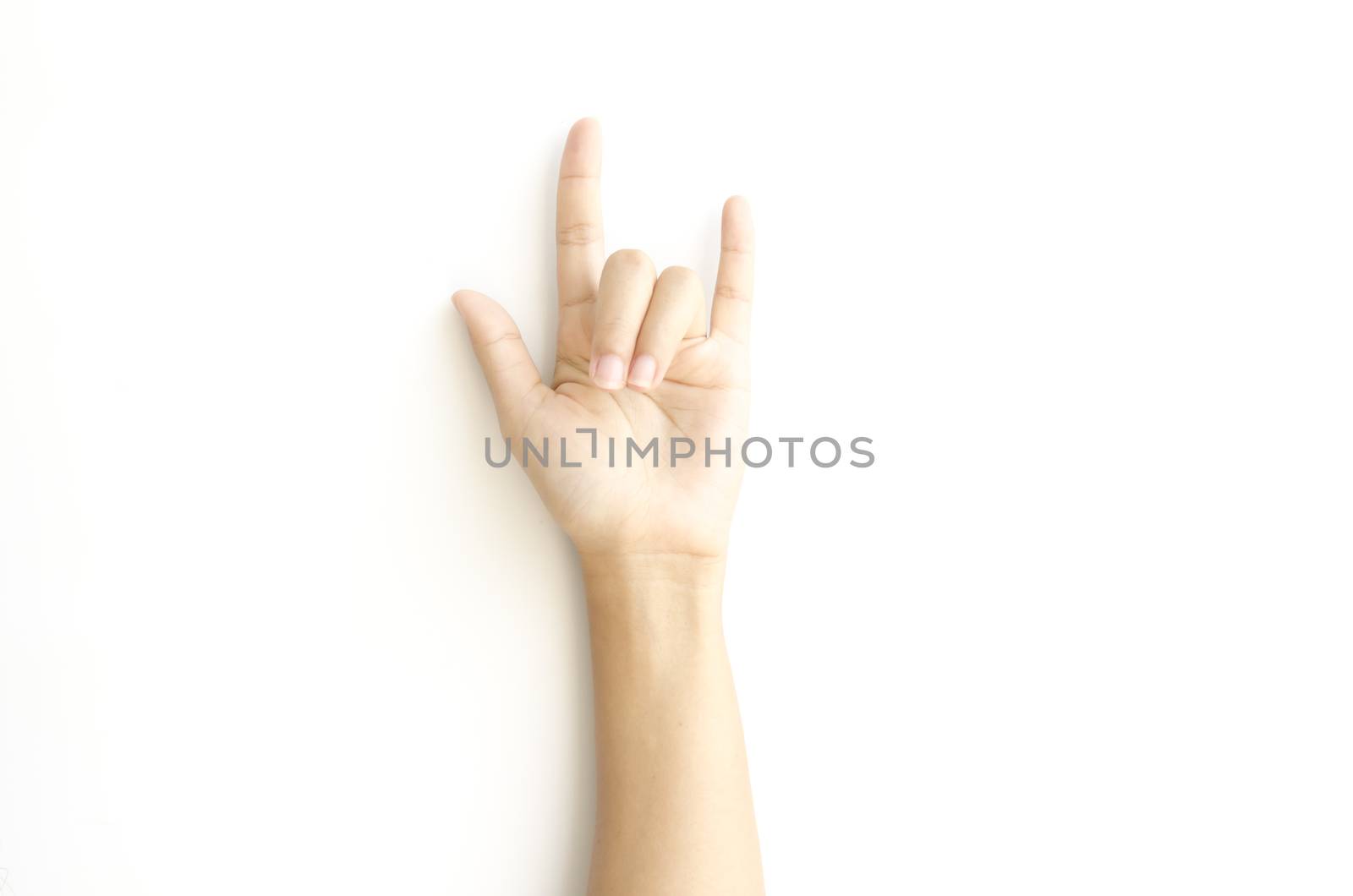 asia woman hand sign I love you symbol on a white background