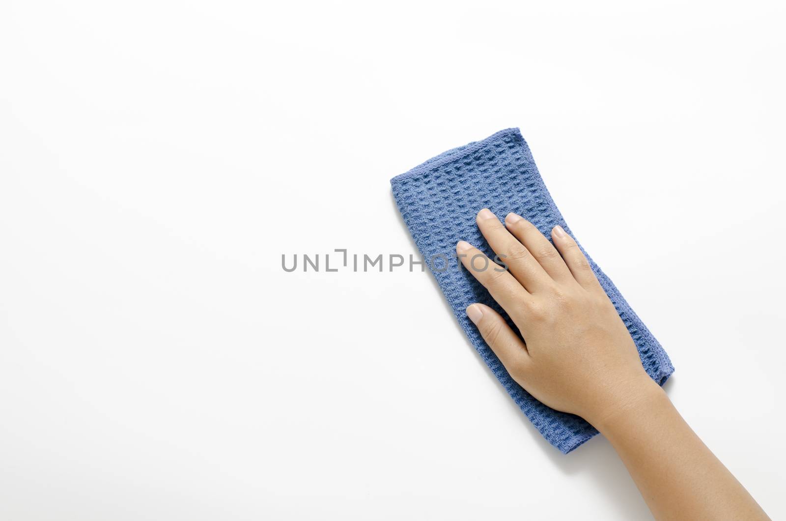 asia  woman right hang with blue rag cleaning on a white background hang with blue rag cleaning on a white background