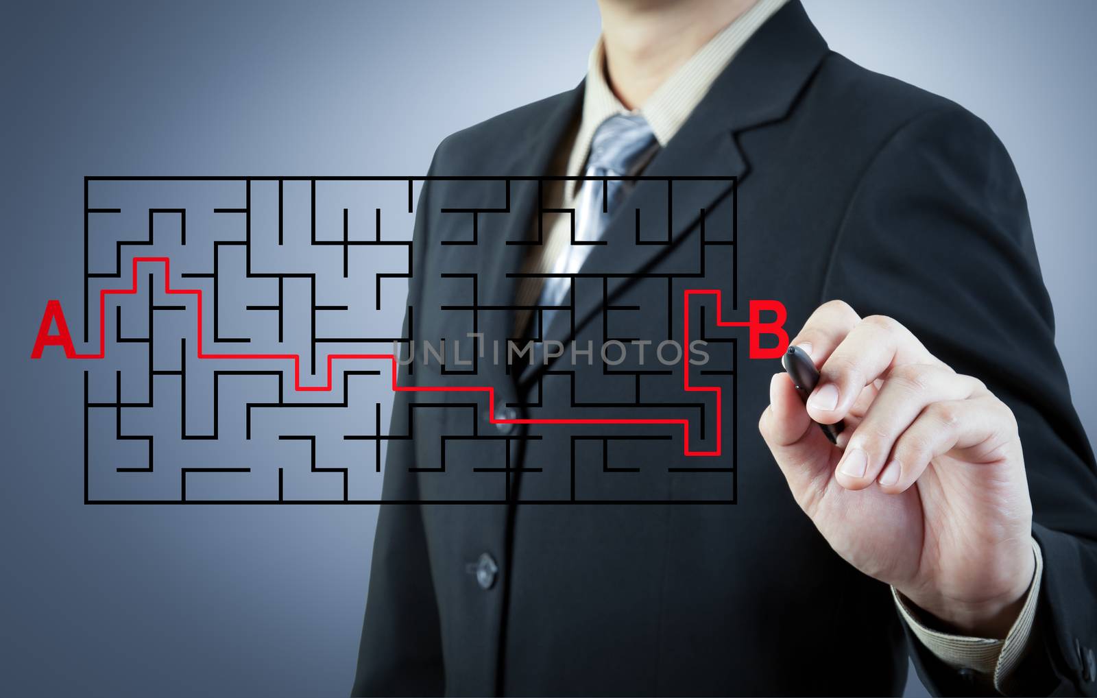 Businessman finding the solution from A to B
