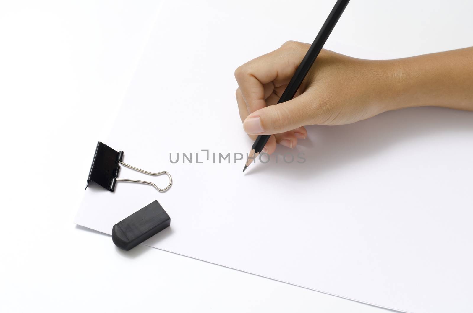 asia woman right hand writing with black pencil on paper over white background