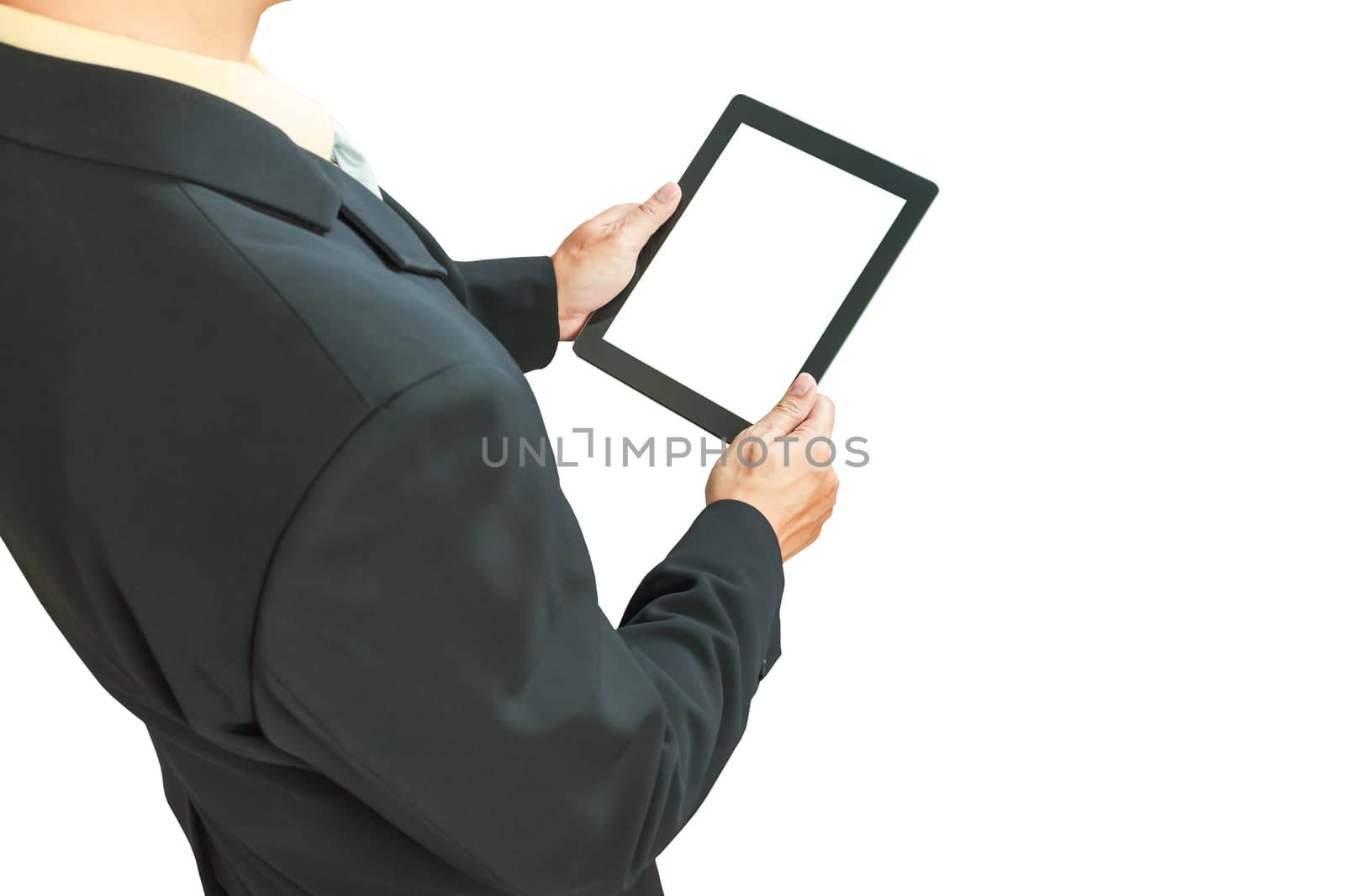 business man holding digital tablet, blank screen on white background