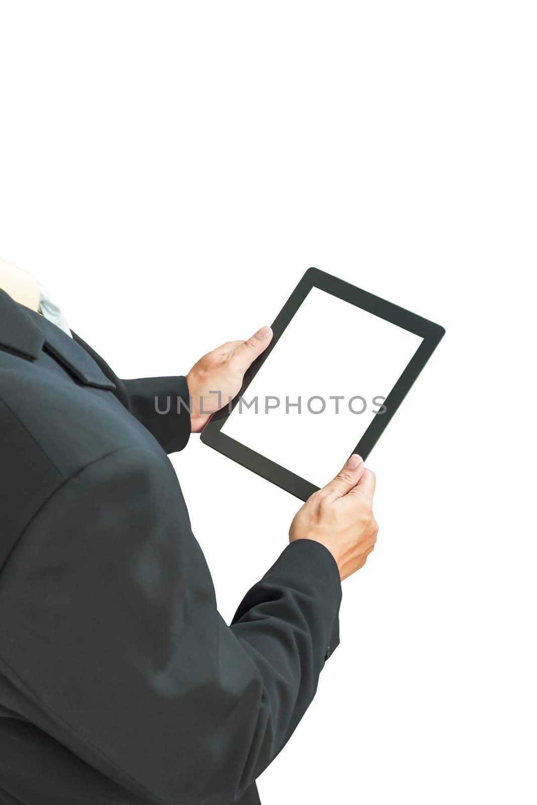 business man holding digital tablet, blank screen on white background