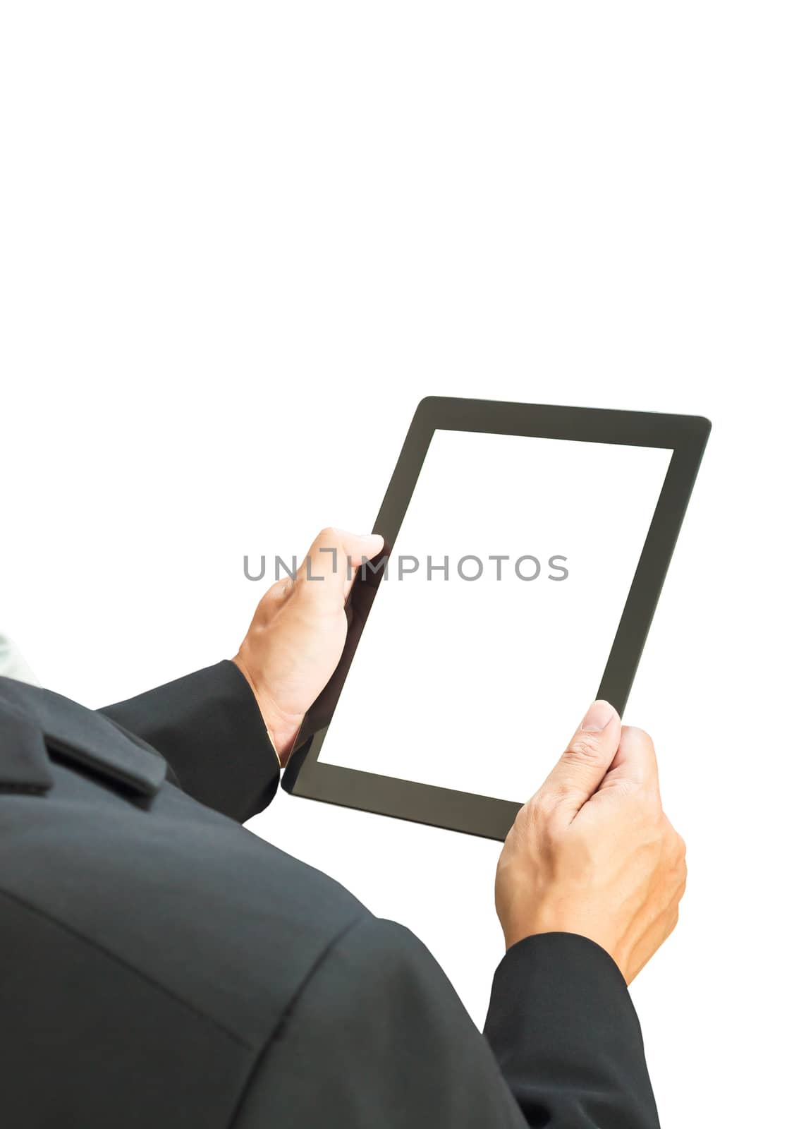 business man holding digital tablet, blank screen on white background