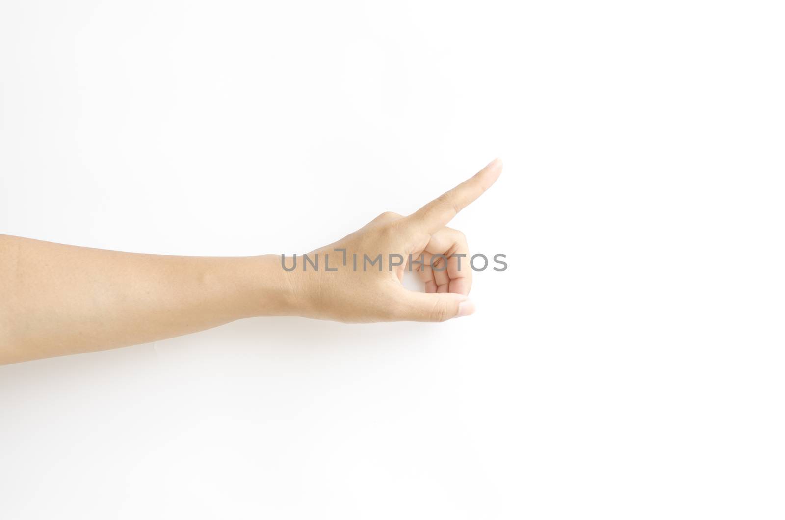 asia woman Hand touching virtual screen on a white background