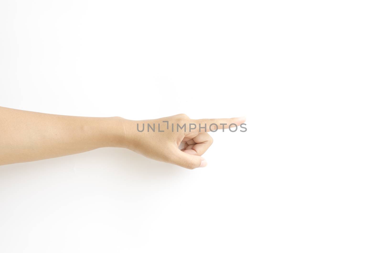asia woman Hand touching virtual screen on a white background