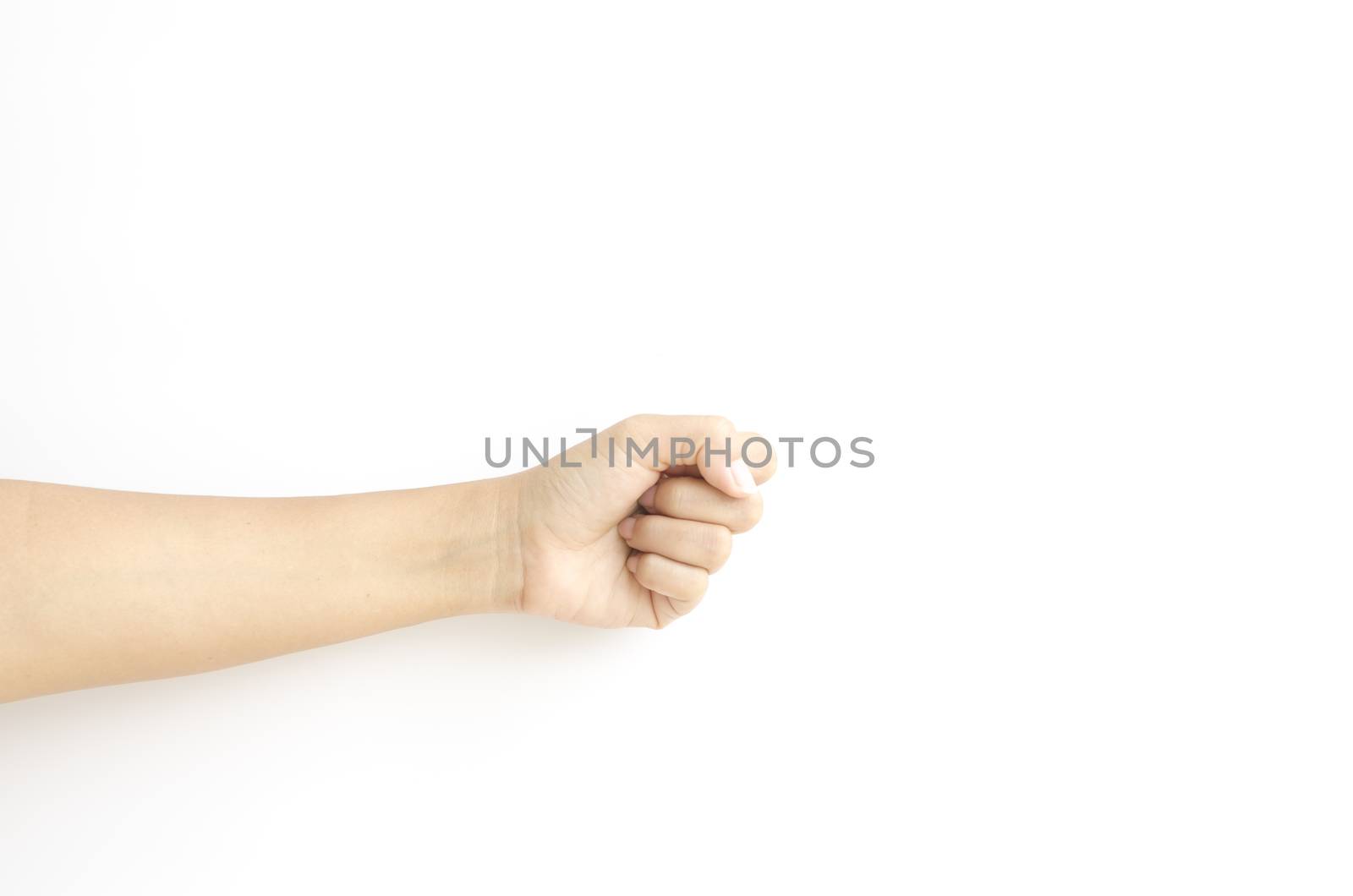 asia woman strength hand sign on a white background