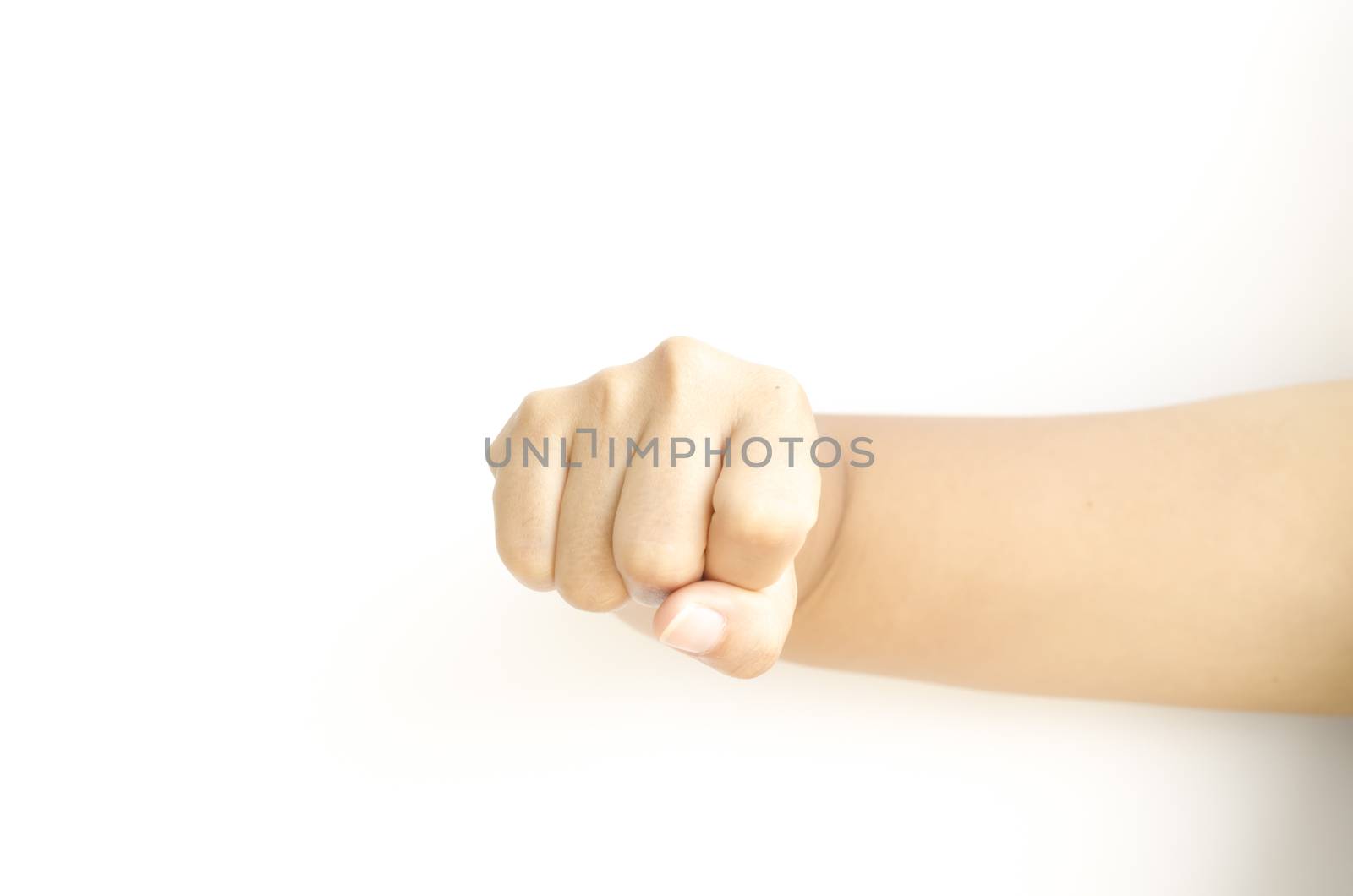 asia woman strength hand sign on a white background