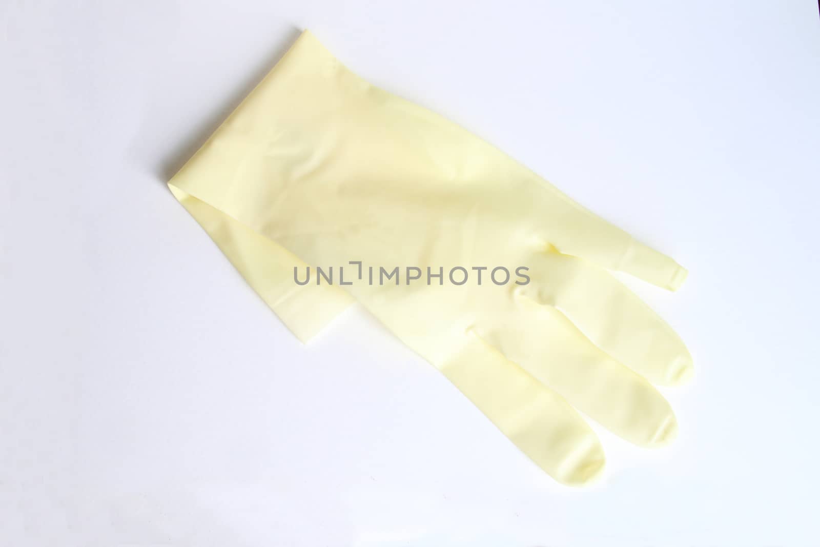Left hand of medical glove on the white background.