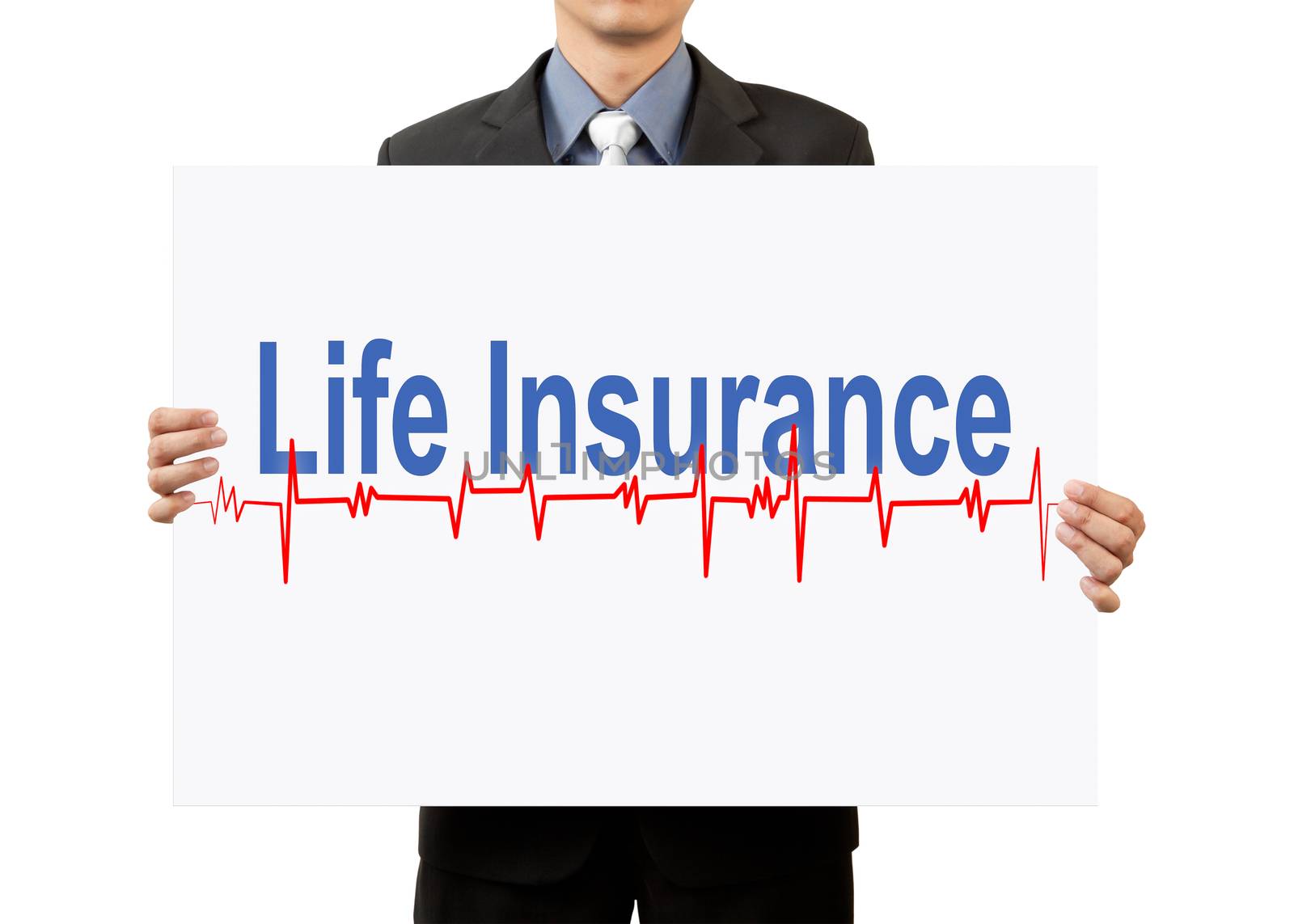 businessman holding life insurance on white background