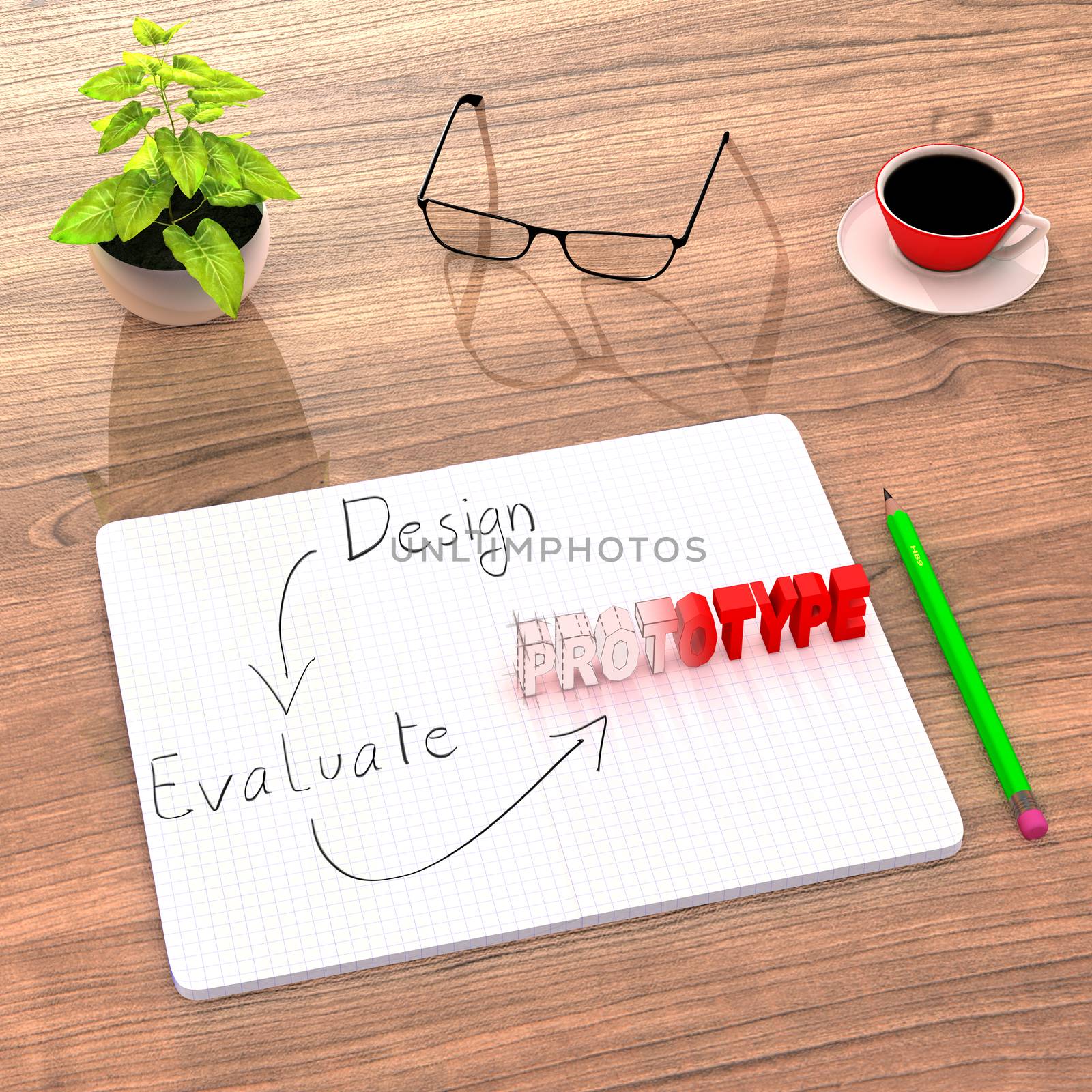 This illustration shows a comfortable desk (plant, coffee) used to work on a new product. After designing and evaluating, the sketch takes a real prototype form. 3D Render.