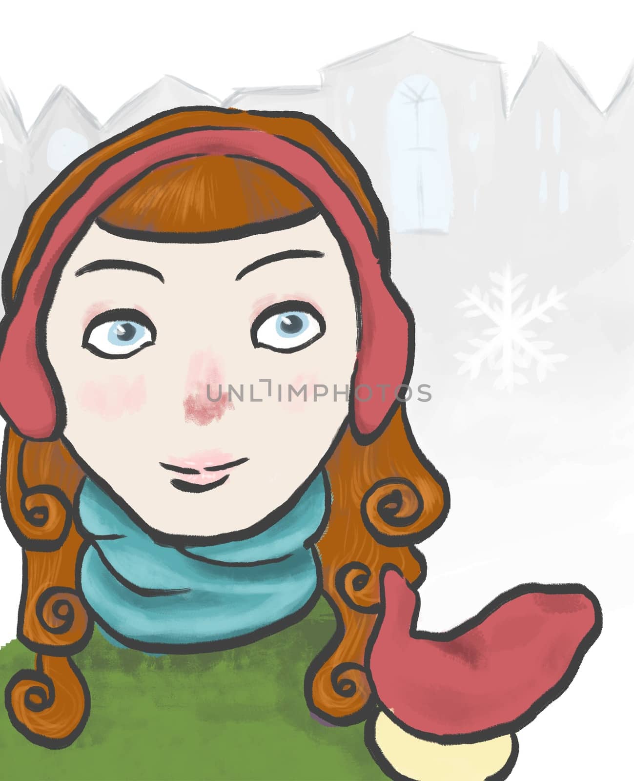 Hand drawn illustration of a girl in the snow with a snowflake