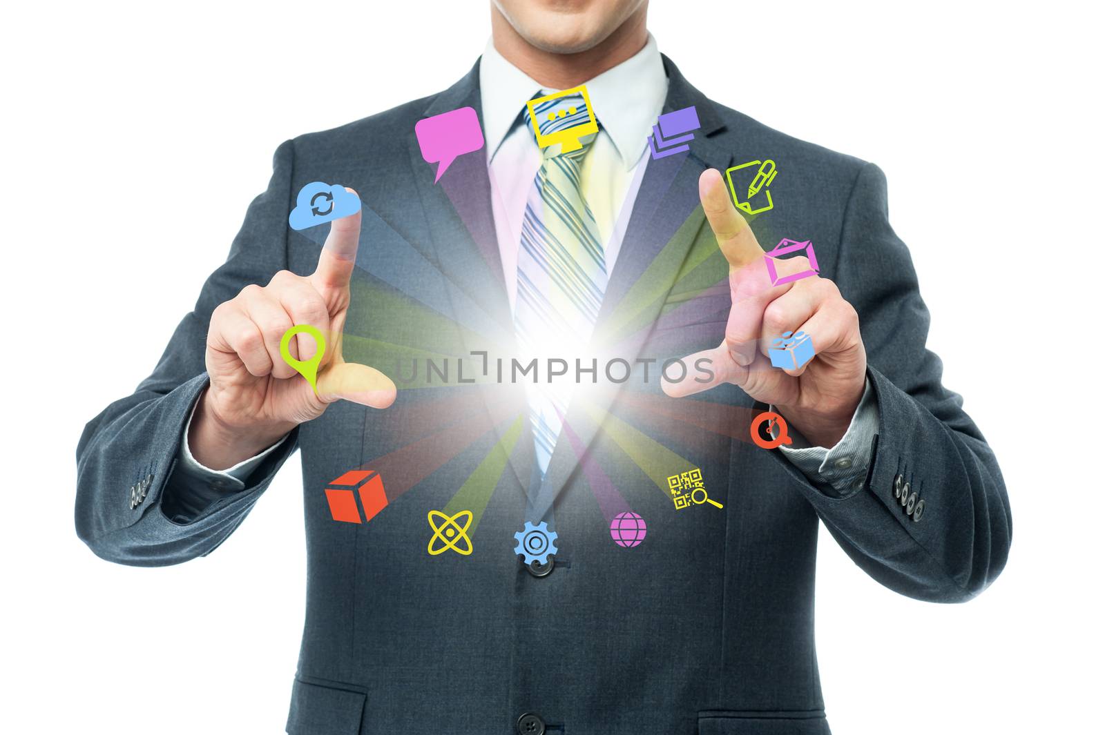Cropped image of businessman showing media icons