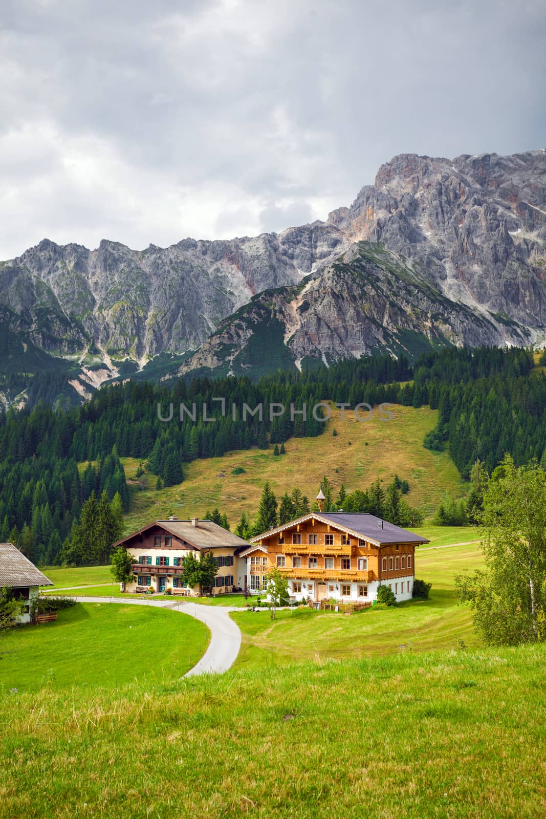Dienten am Hochkonig, Austria - August 8, 2013: Beautiful typical mountain guests houses on austrian alps, Austria