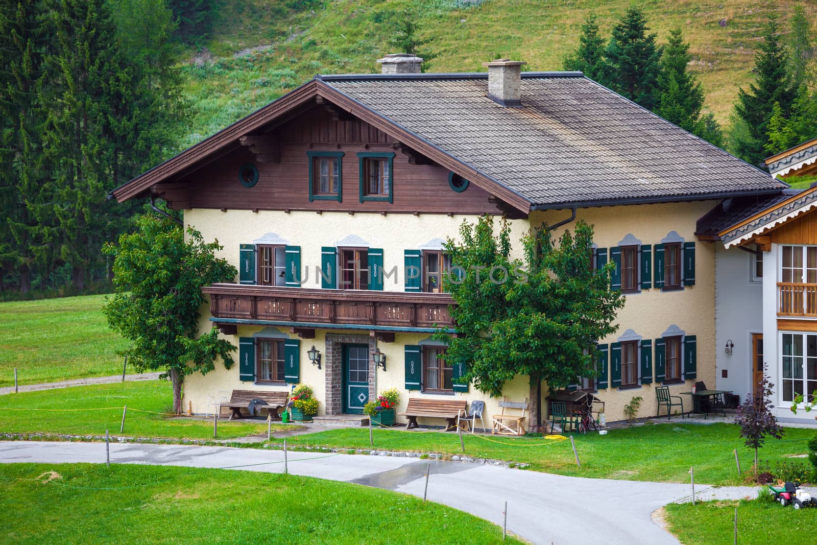 Dienten am Hochkonig, Austria - August 8, 2013: A beautiful typical mountain guests house on austrian alps , Austria