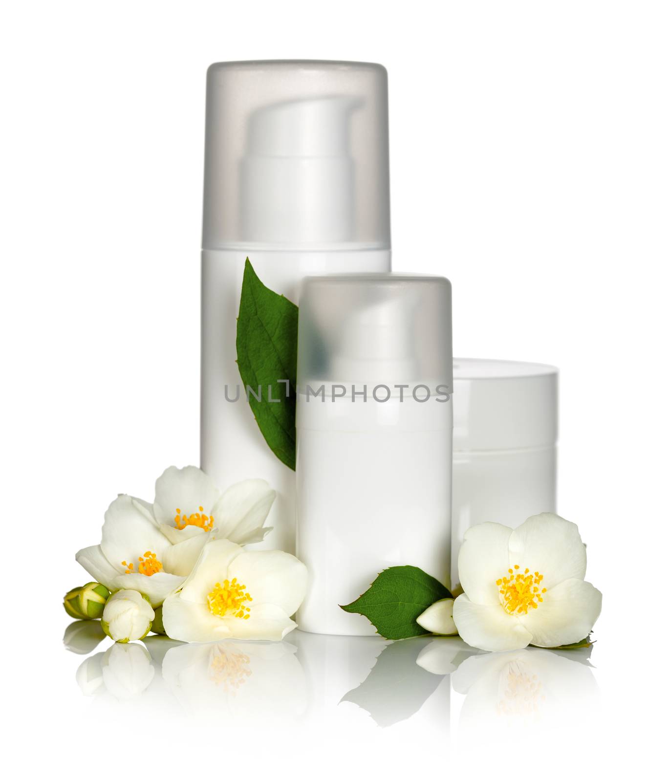 Face cream with jasmine flowers on white background