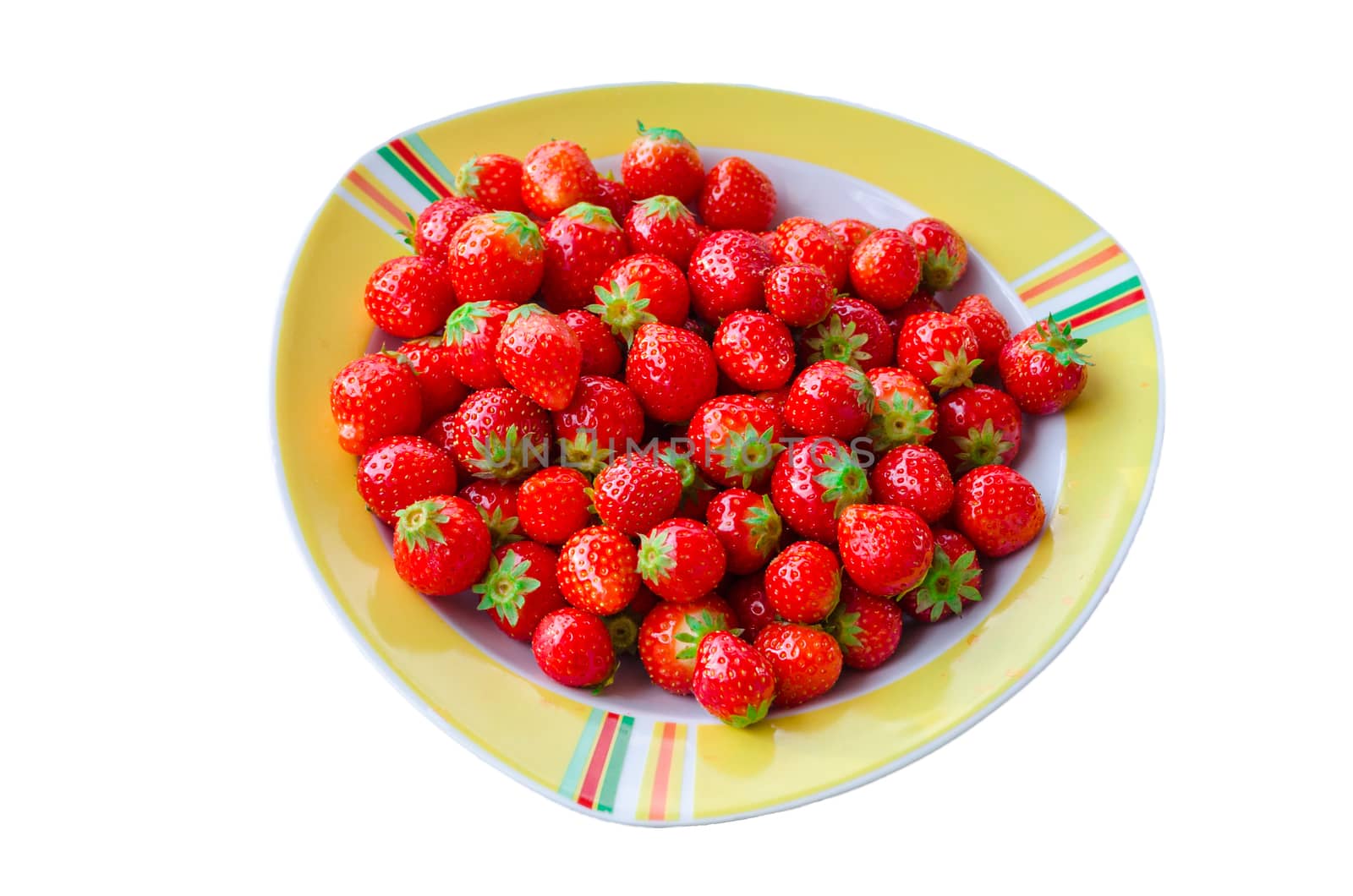 Plate of strawberries on white background
