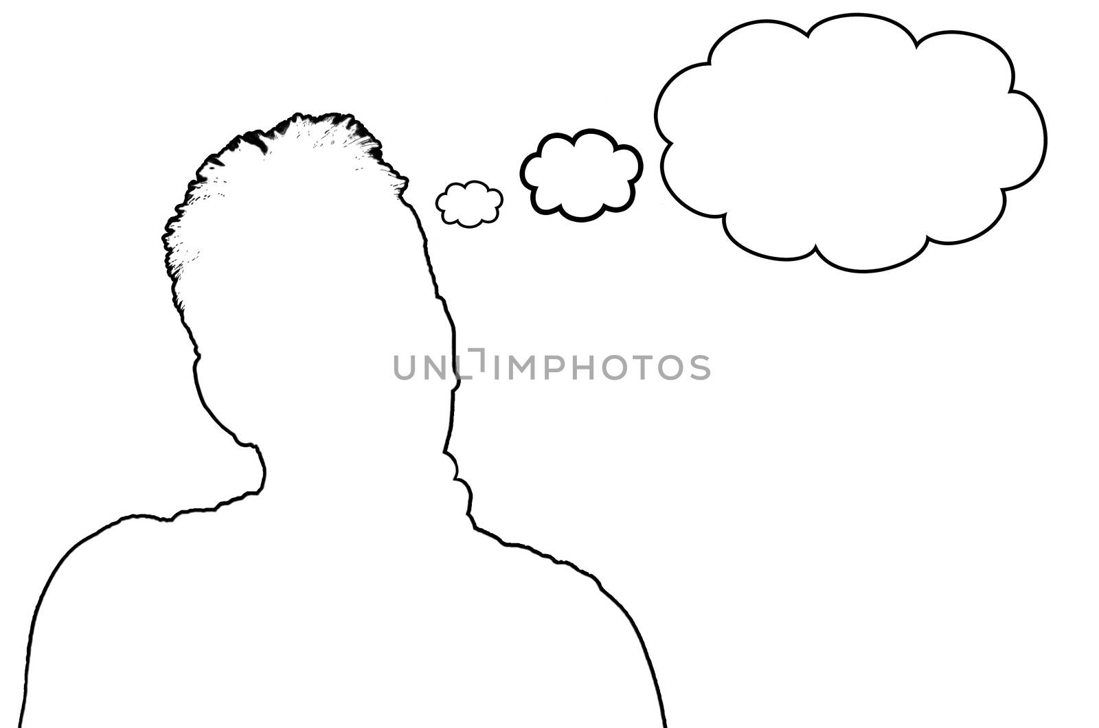 Silhouette, white man with speech bubble, contour in black on white, symbolic text; text field; textile field.