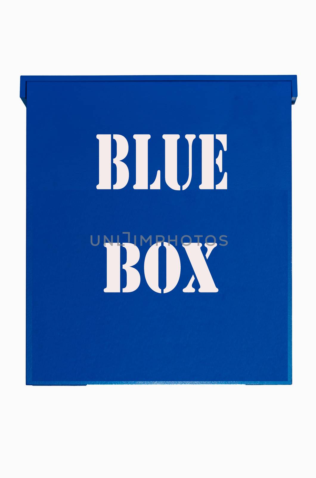 Blue wooden box with inscription blue box on a white background.