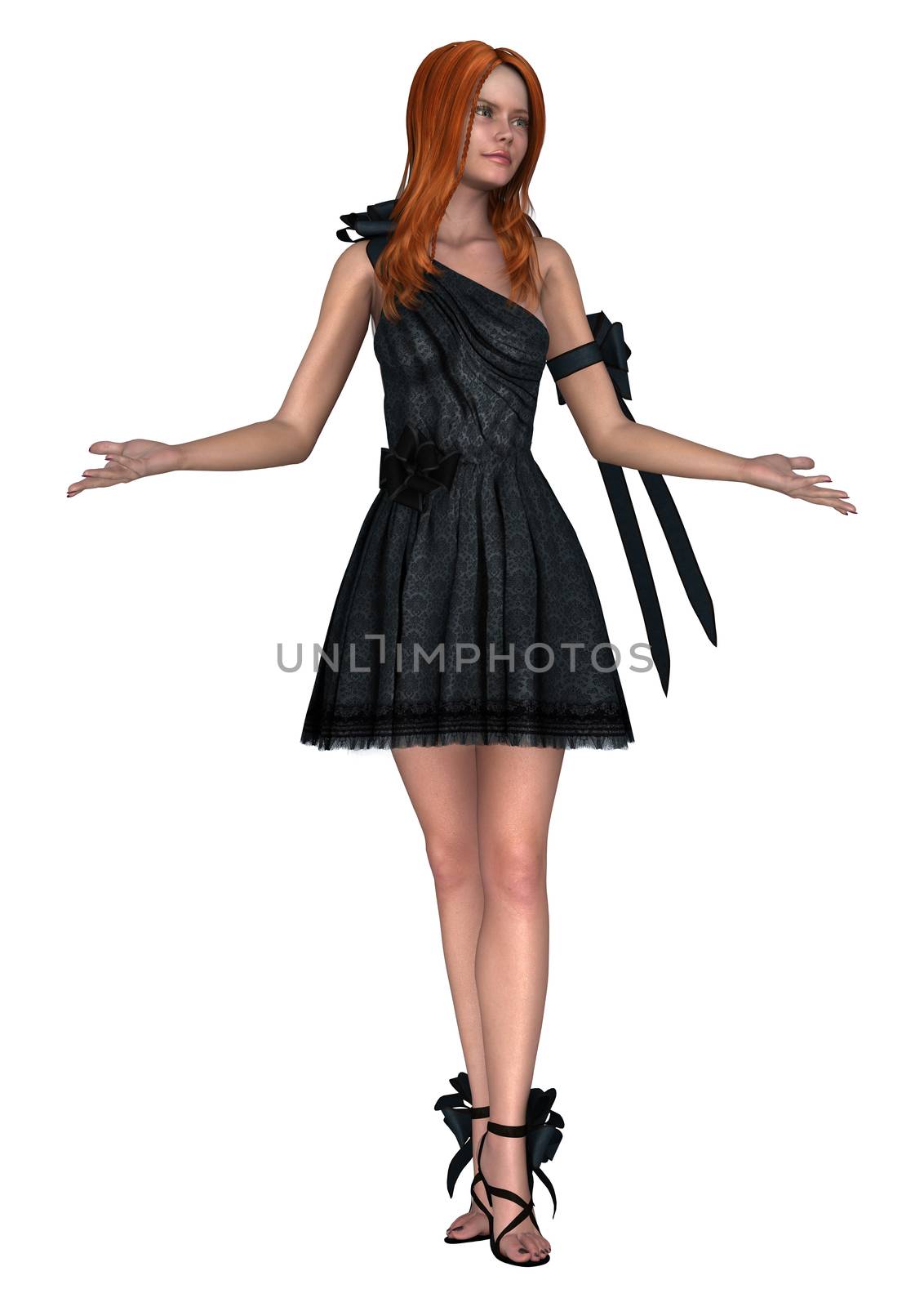 3D digital render of a beautiful girl in an elegant prom dress isolated on white background