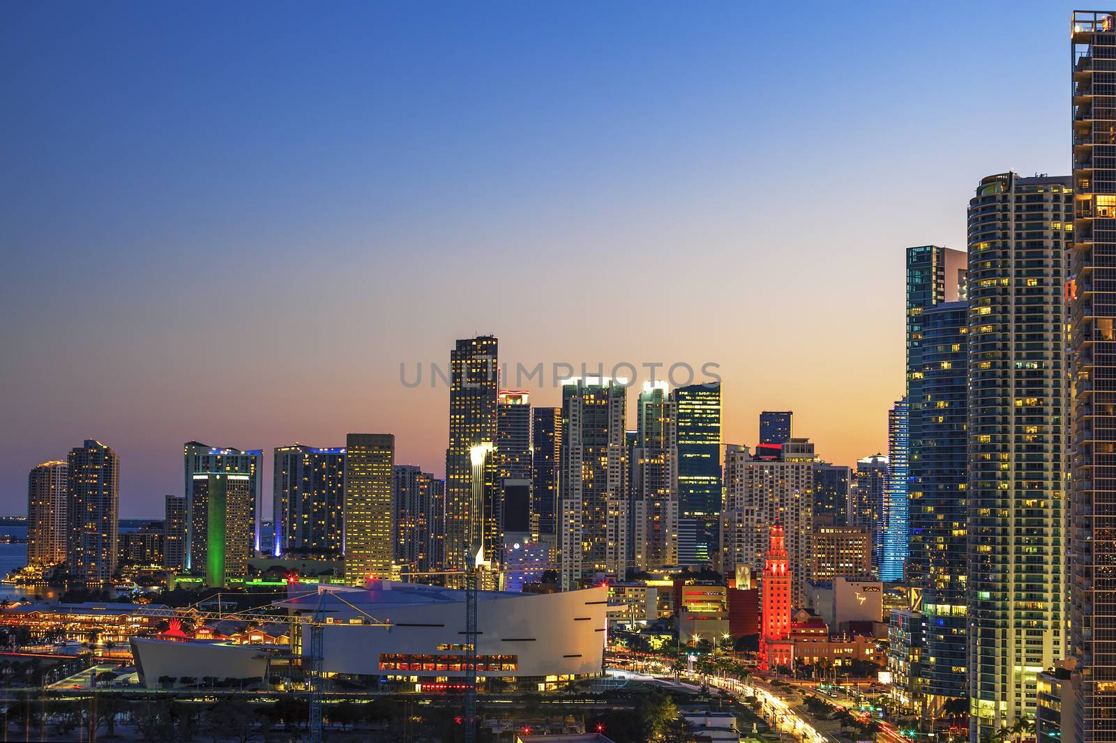 Horizontal view of Miami downtown at sunset, USA