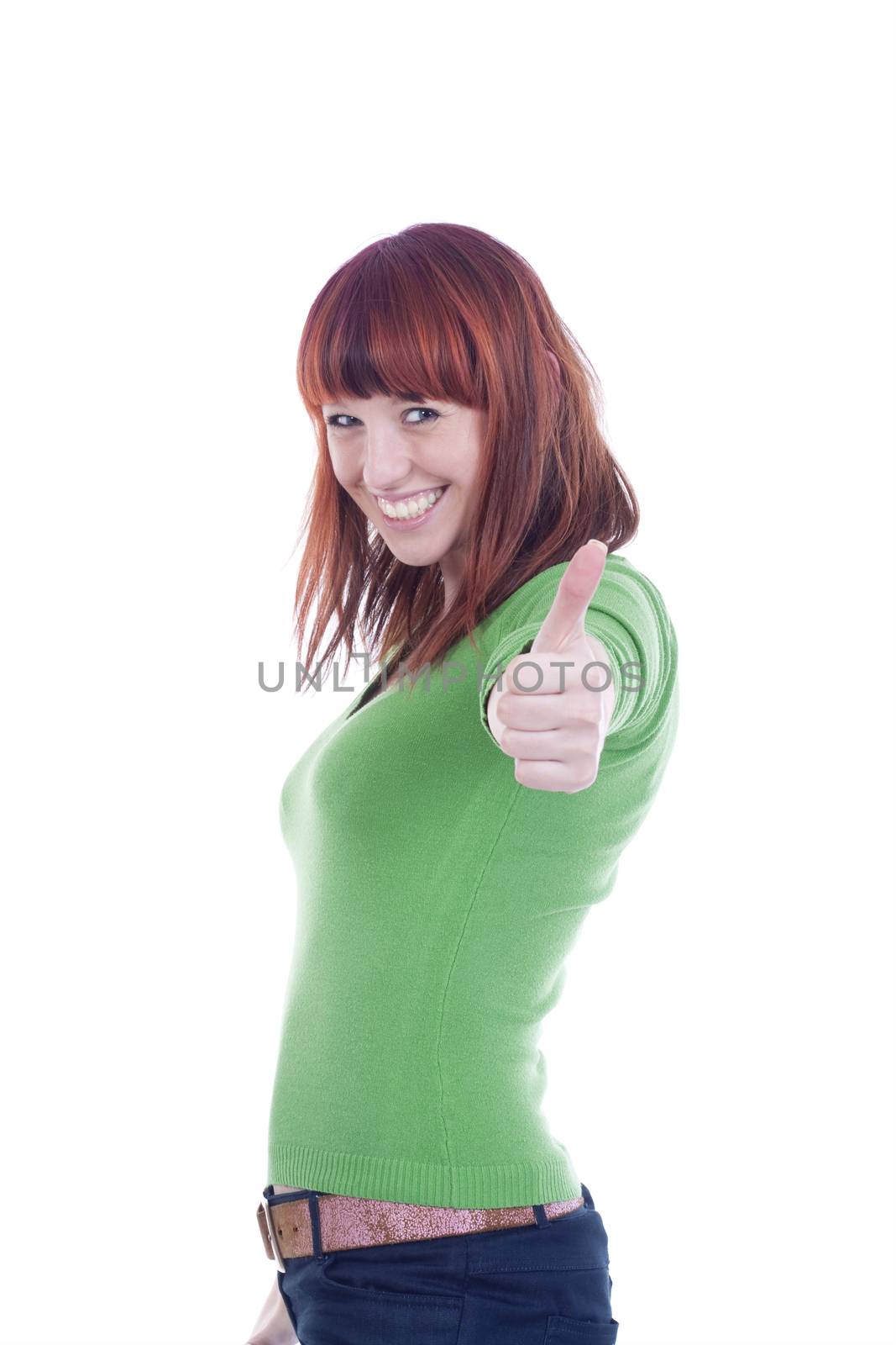 young cheerful woman showing thumbs up sign - isolated on white