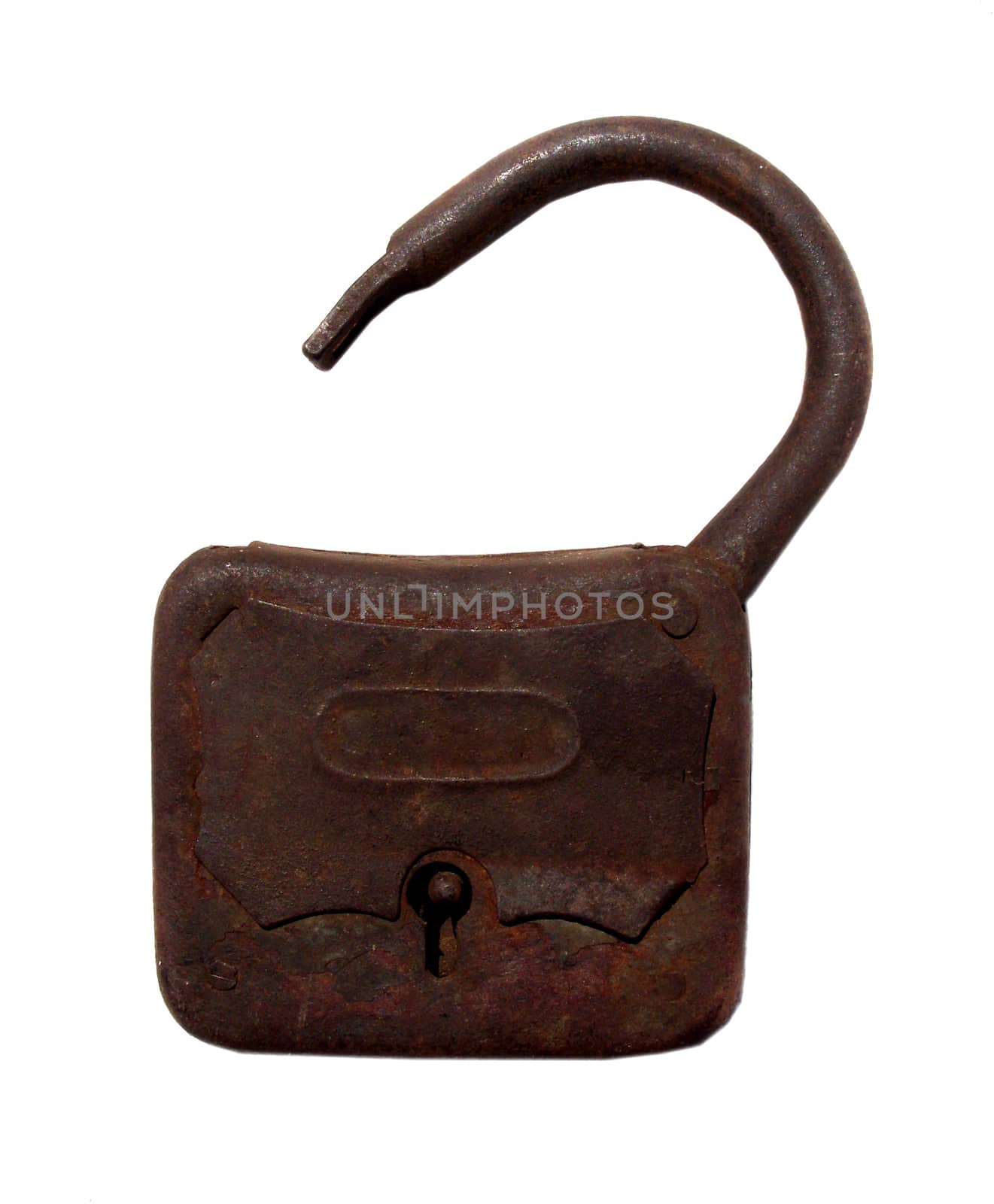 Old rusty padlock on white background
