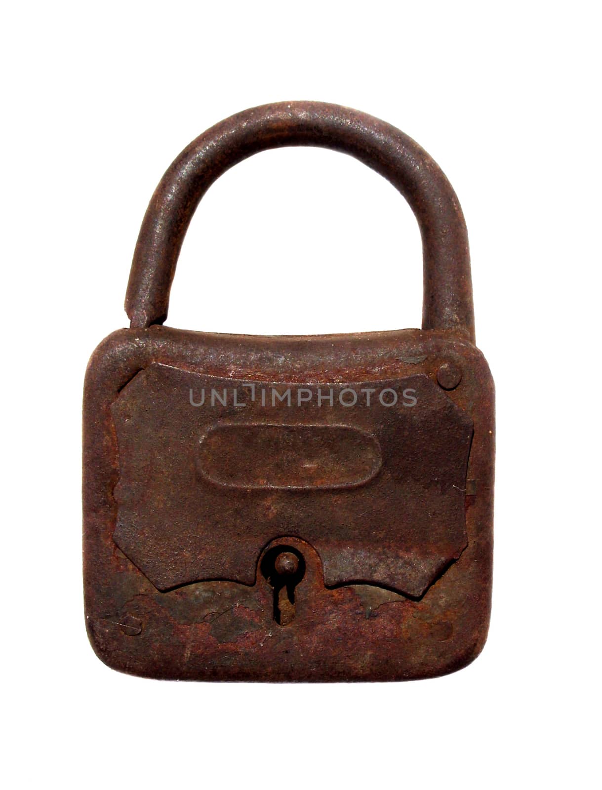 Old rusty padlock on white background