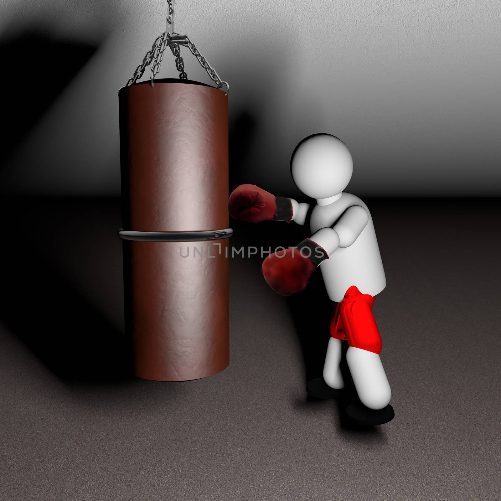 Puppet with red shorts punching boxing bag, 3d render