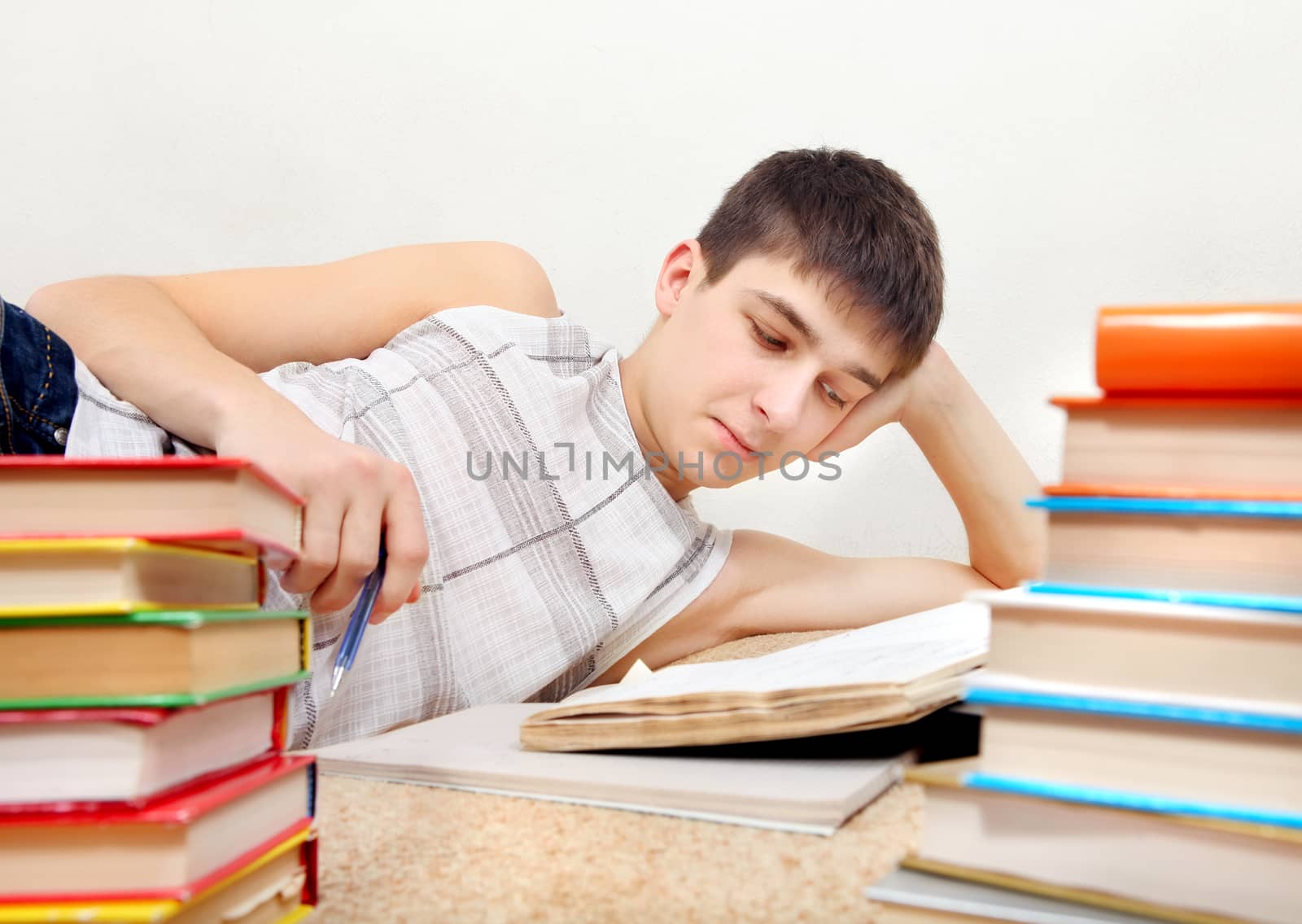 Teenager doing Homework on the Sofa at the Home