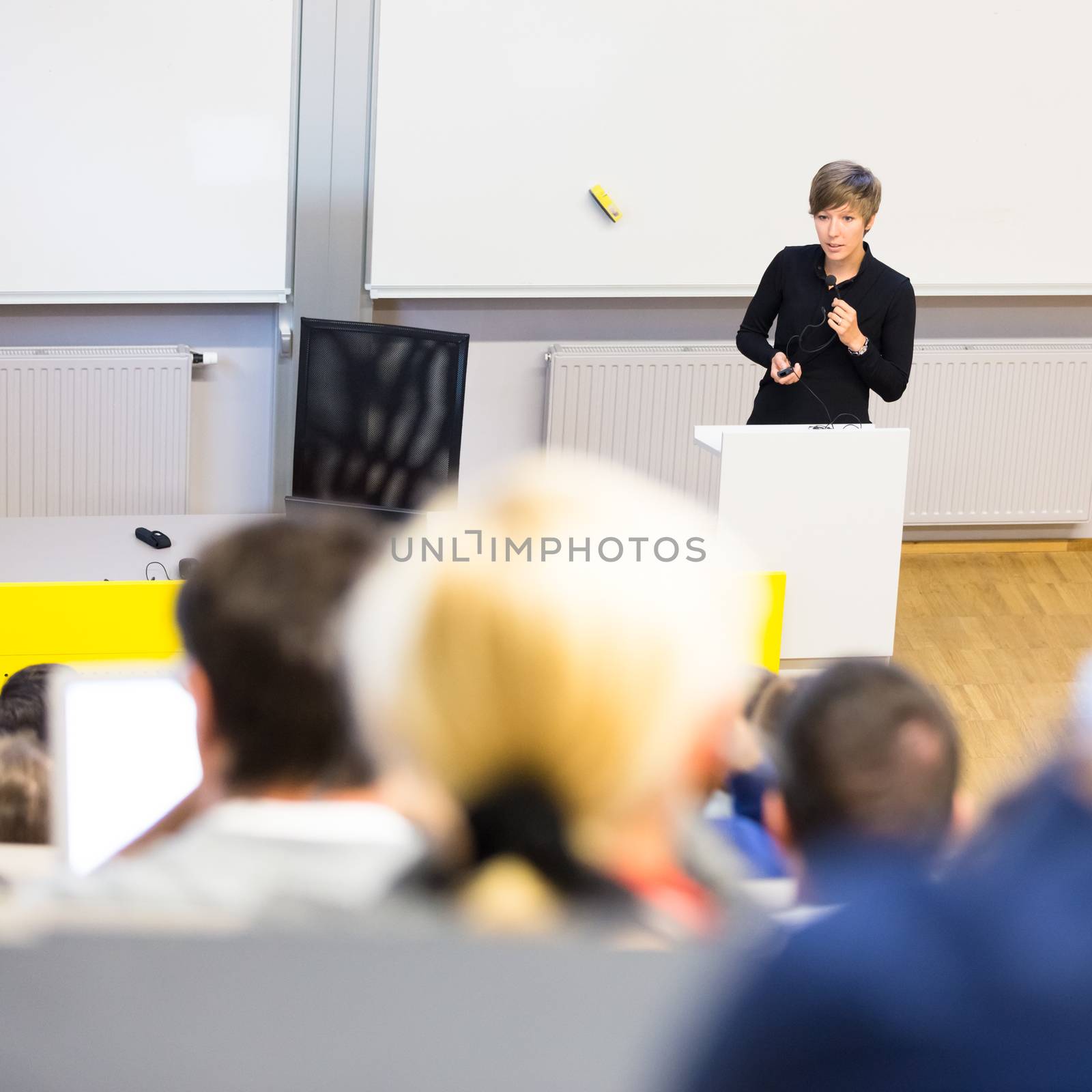 Speaker giving presentation in lecture hall at university. Participants listening to lecture and making notes.