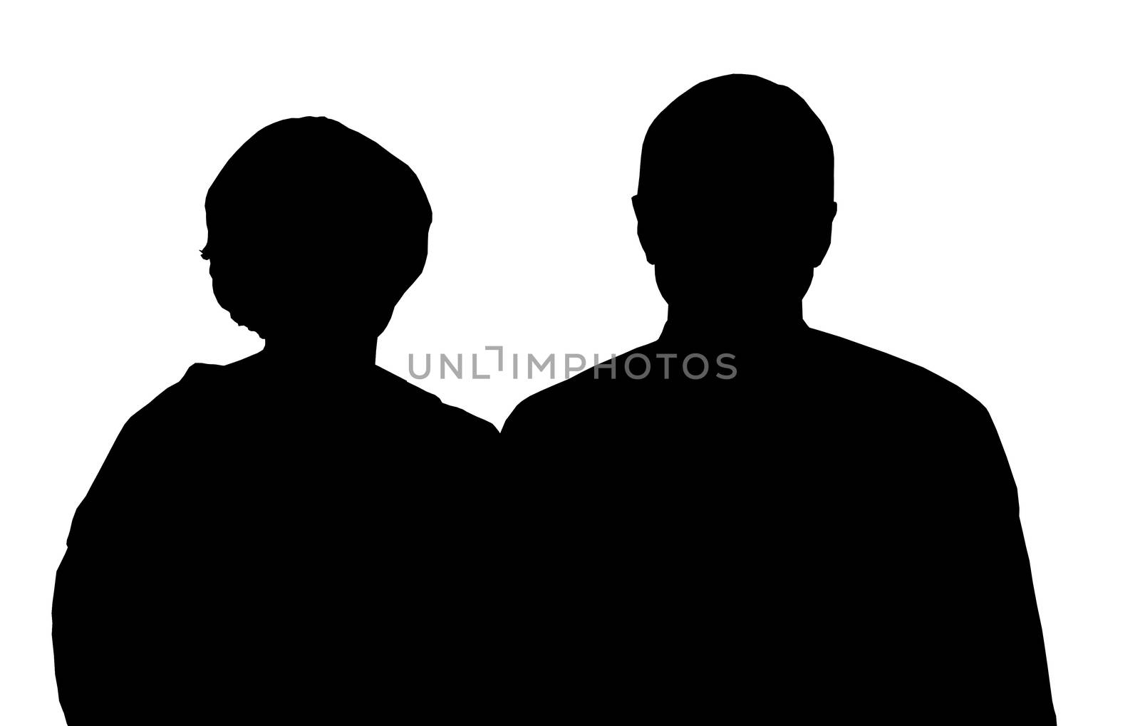 Silhouettes of man and woman sitting side by side, isolated on a white background.